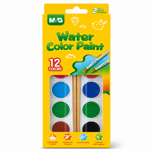 Boîte de peinture aquarelle M&G 12 couleurs avec 2 pinceaux pour enfant