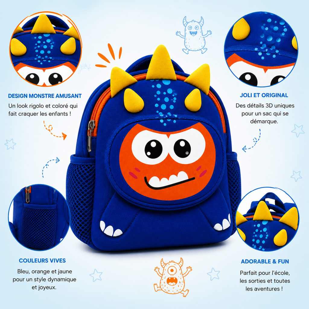 Sac à Dos Enfant Dinosaure Milai Duo - Bleu Roi & Orange – Léger et Compact pour la Maternelle