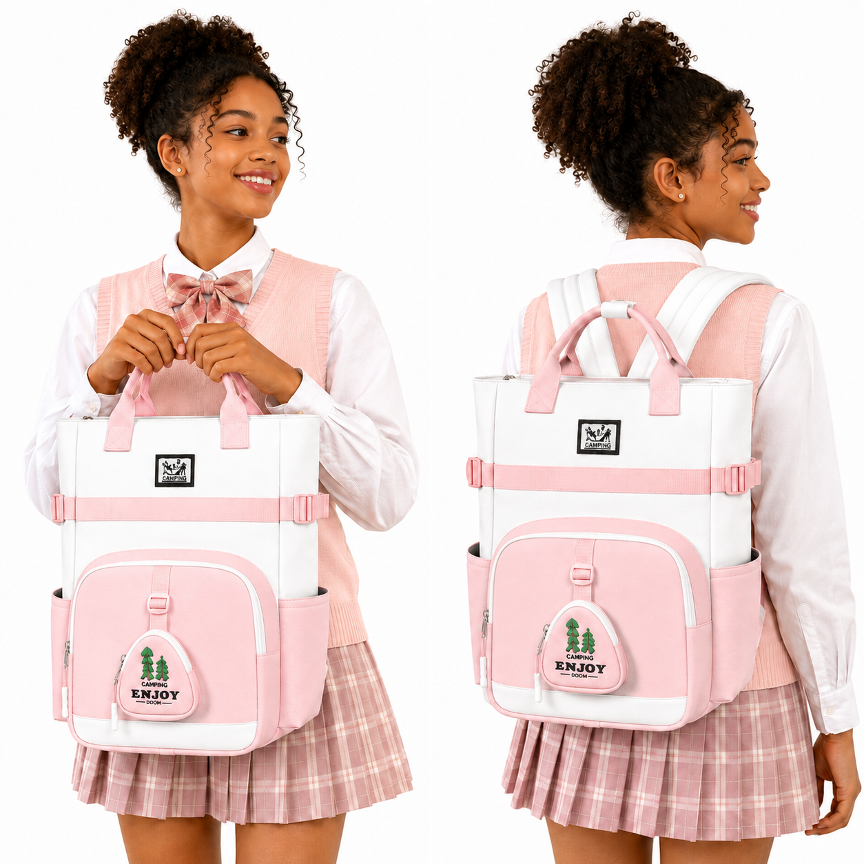Sac à Dos Scolaire Fille Style Coréen en Toile - Rose et Blanc- Collège & Lycées