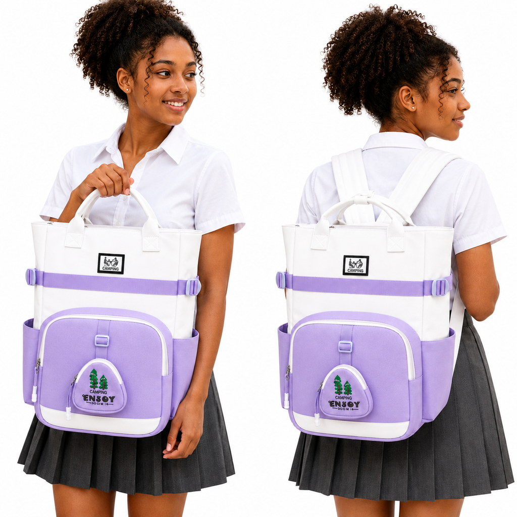 Sac à Dos Scolaire Fille Style Coréen en Toile - Mauve et Blanc – Collège et Lycée