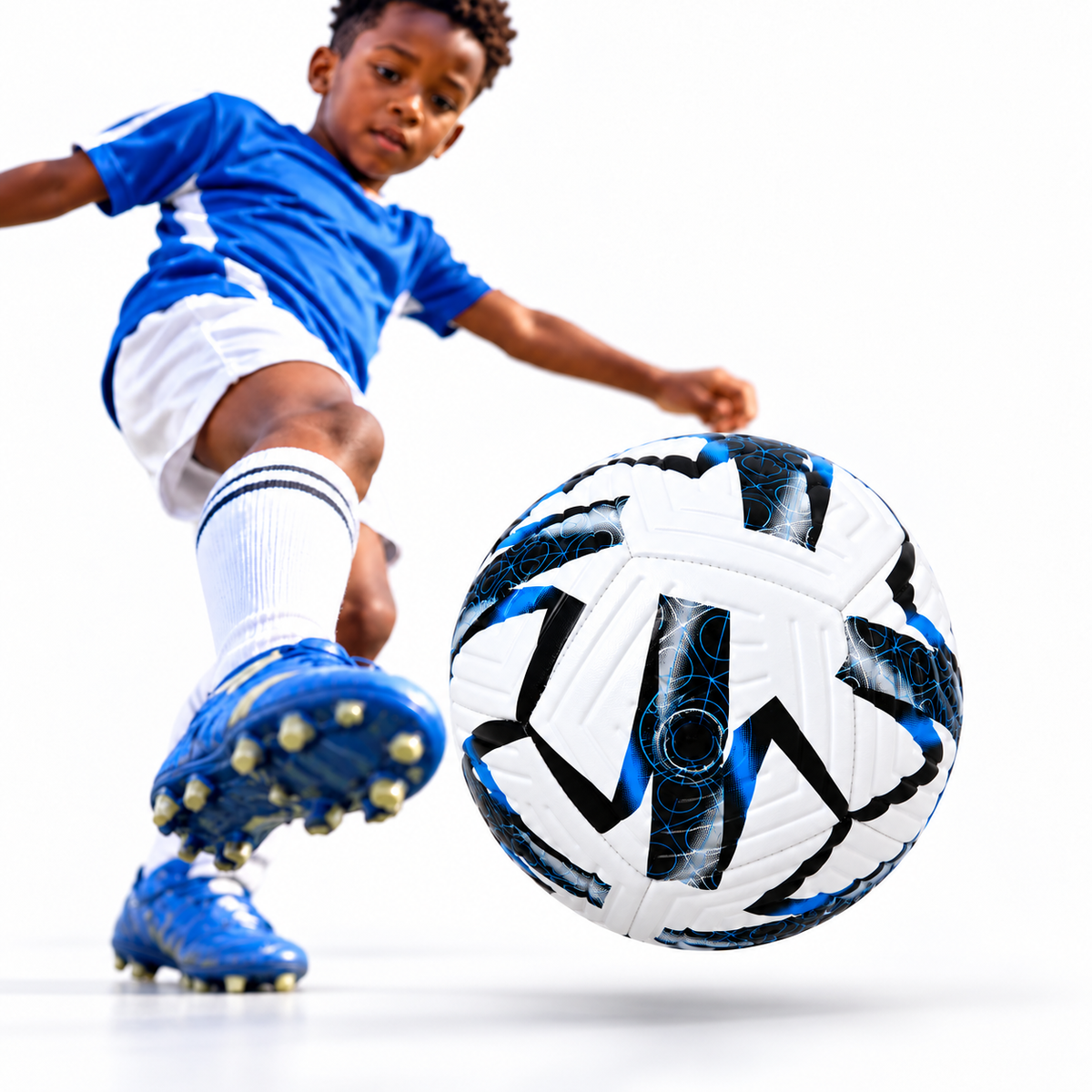 Ballon de Football Junior – 18 cm – Blanc, Noir & Bleu – 6 à 9 Ans