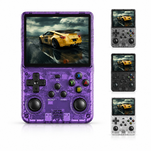 Console de jeu portable R36S 64 Go violette avec écran couleur et doubles joysticks