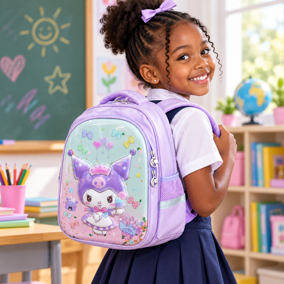 Sac à Dos Fille Kuromi Lilas 3D à Paillettes Mobiles - Classes de CE & CM – 38 × 30 × 17 cm