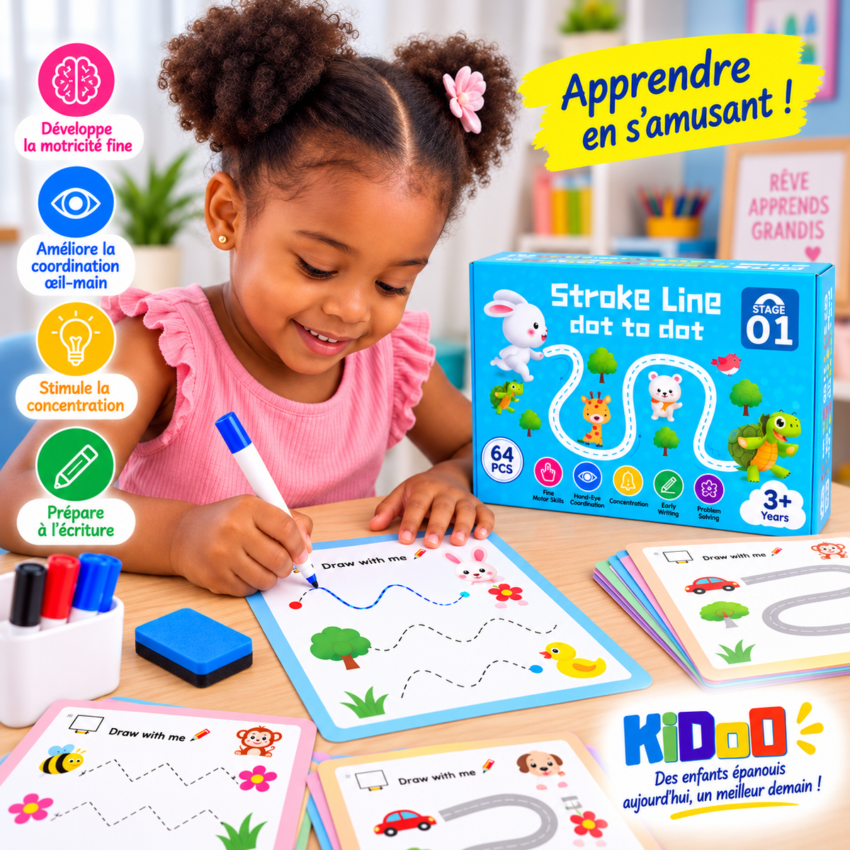 Coffret Éducatif Stroke Line Dot-to-Dot – 64 Activités de Tracé dès 3 Ans