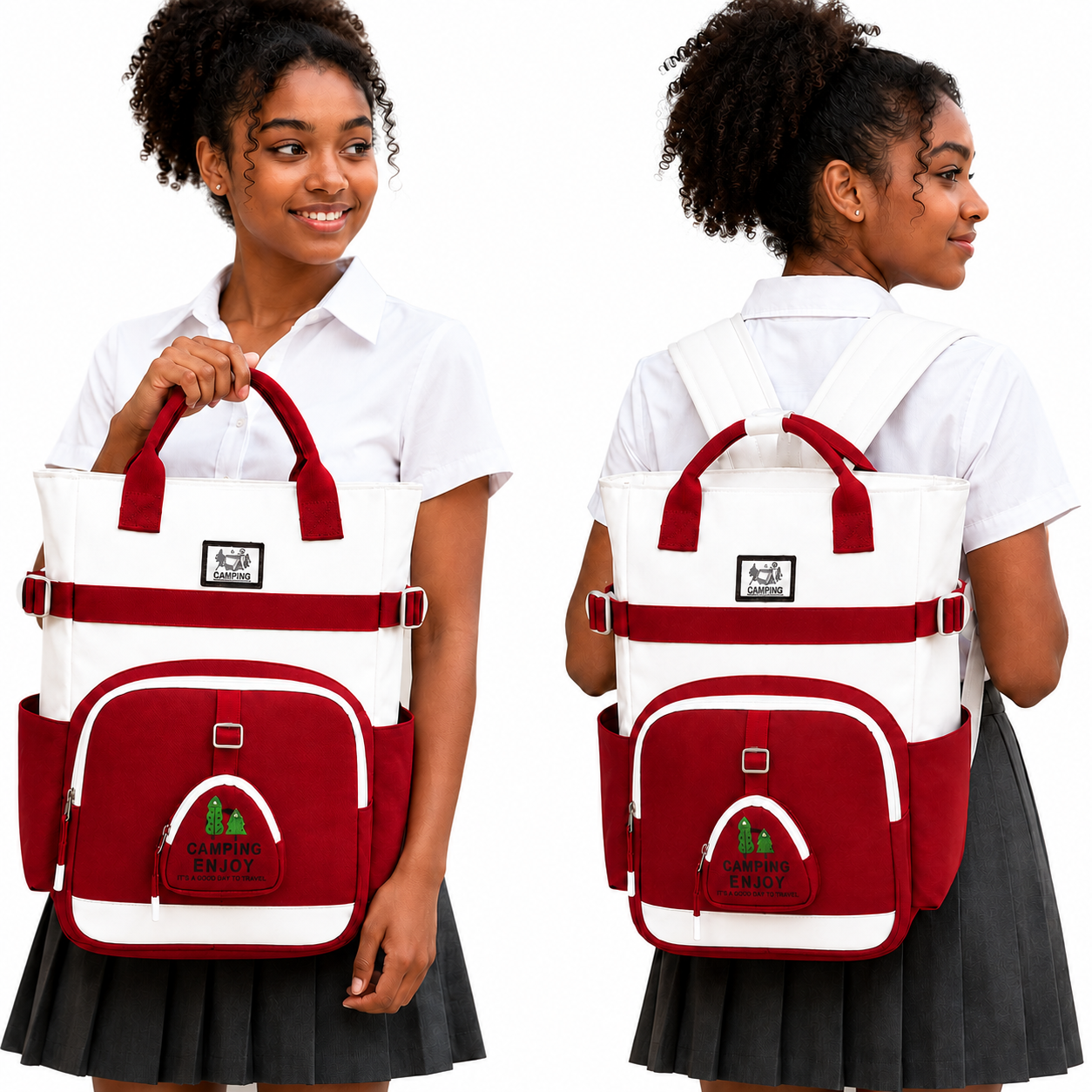 Sac à Dos Scolaire Fille Style Coréen en Toile - Rouge et Blanc – Collège & Lycée