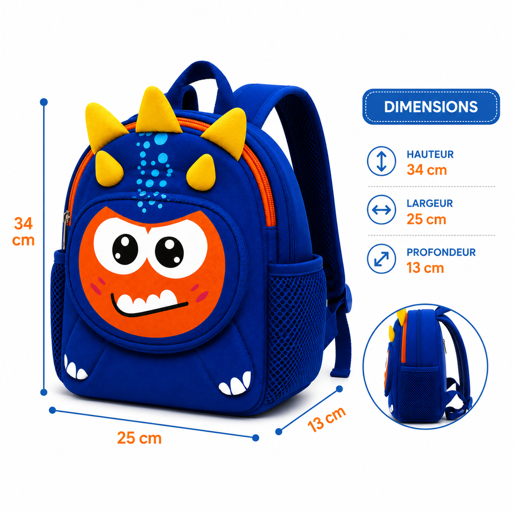 Sac à Dos Enfant Dinosaure Milai Duo - Bleu Roi & Orange – Léger et Compact pour la Maternelle