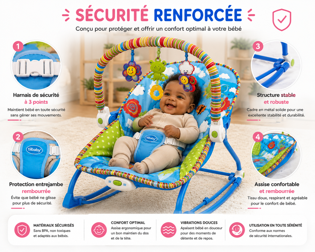 iBaby Transat Bébé Évolutif 2 en 1 avec Musique & Vibrations – Rose ou Bleu