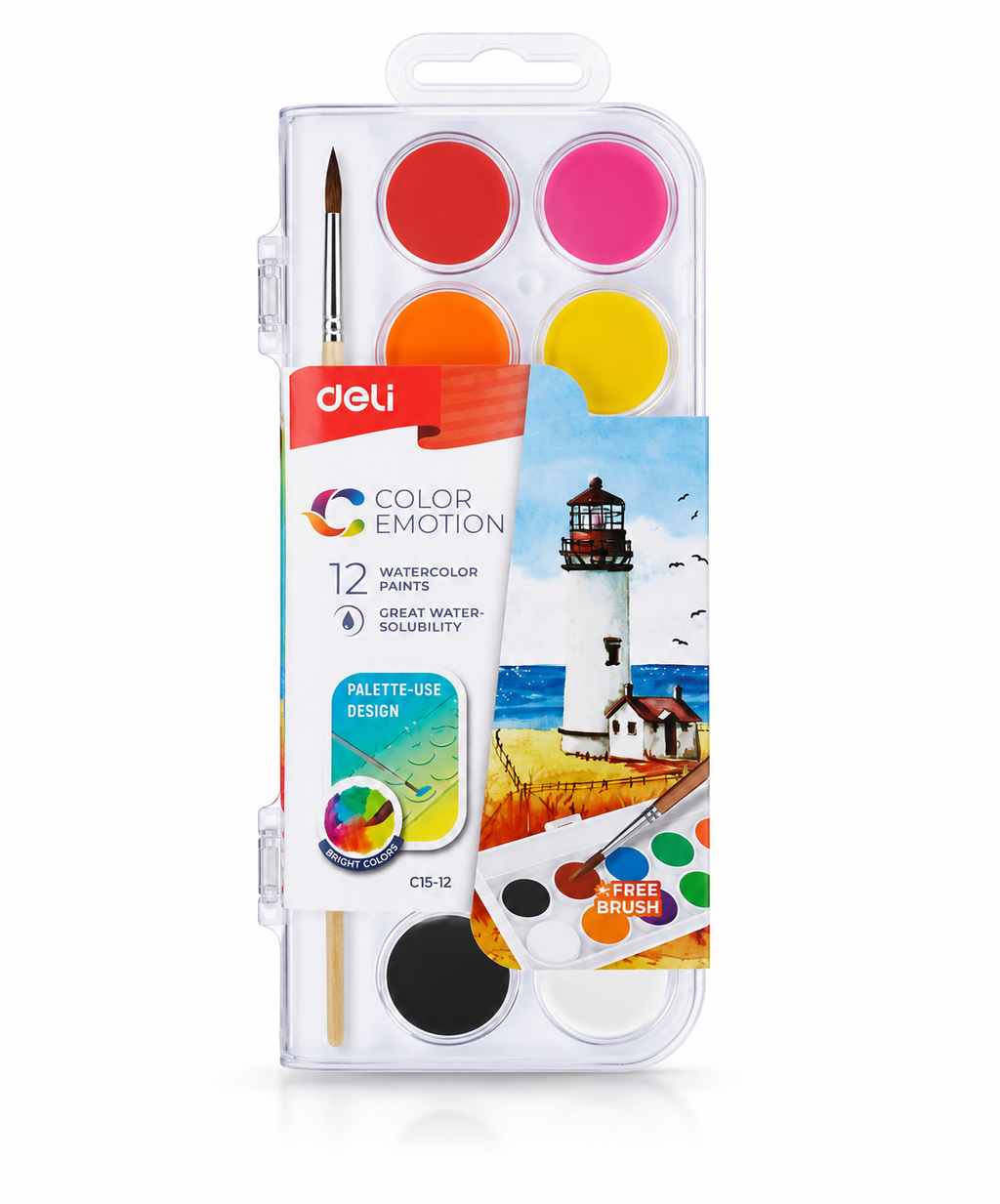 Deli Color Emotion Peinture Aquarelle  12 Couleurs avec Pinceau – Palette Créative Enfant