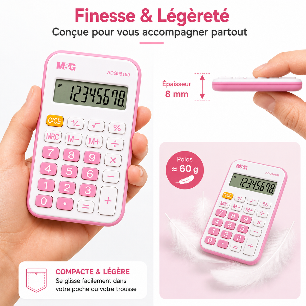 M&G Mini Calculatrice de Poche8 Chiffres – Rose & Blanche