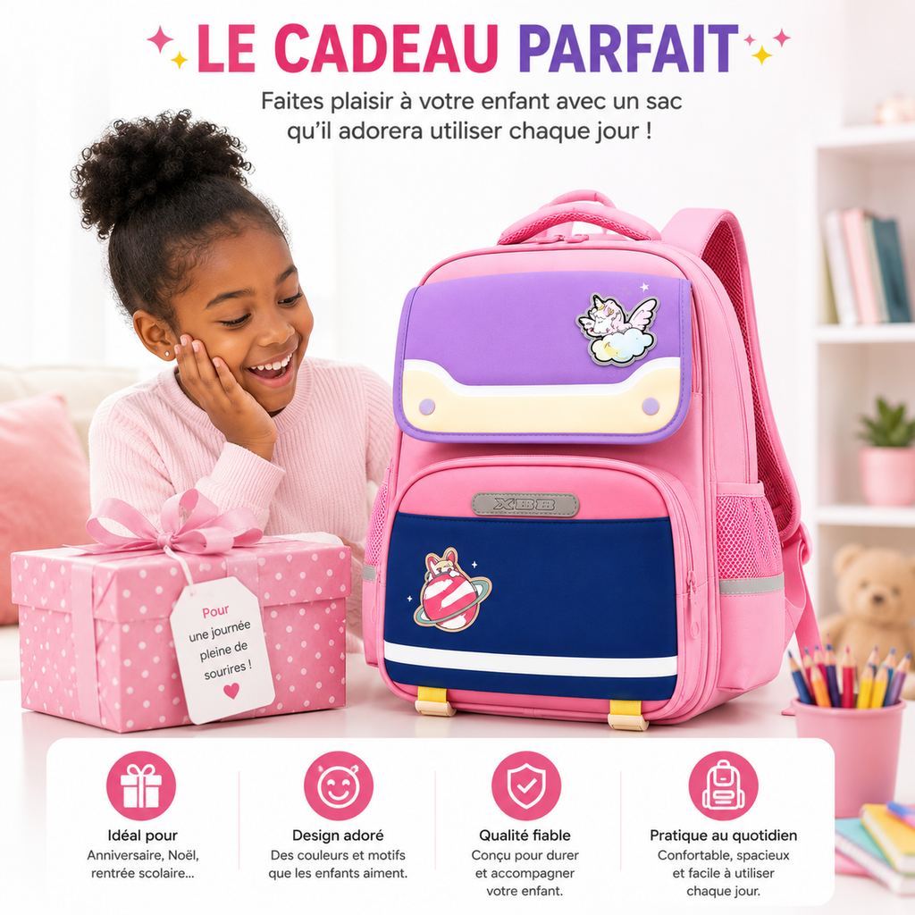 Sac à Dos Scolaire Fille Licorne Rose Classes de CM – Grande Capacité – Dos Respirant – Bretelles Rembourrées