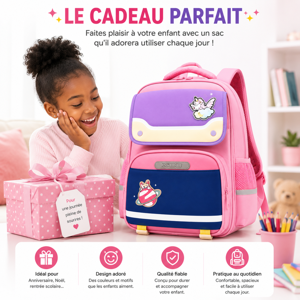 Sac à Dos Scolaire Fille Licorne Rose Classes de CM – Grande Capacité – Dos Respirant – Bretelles Rembourrées