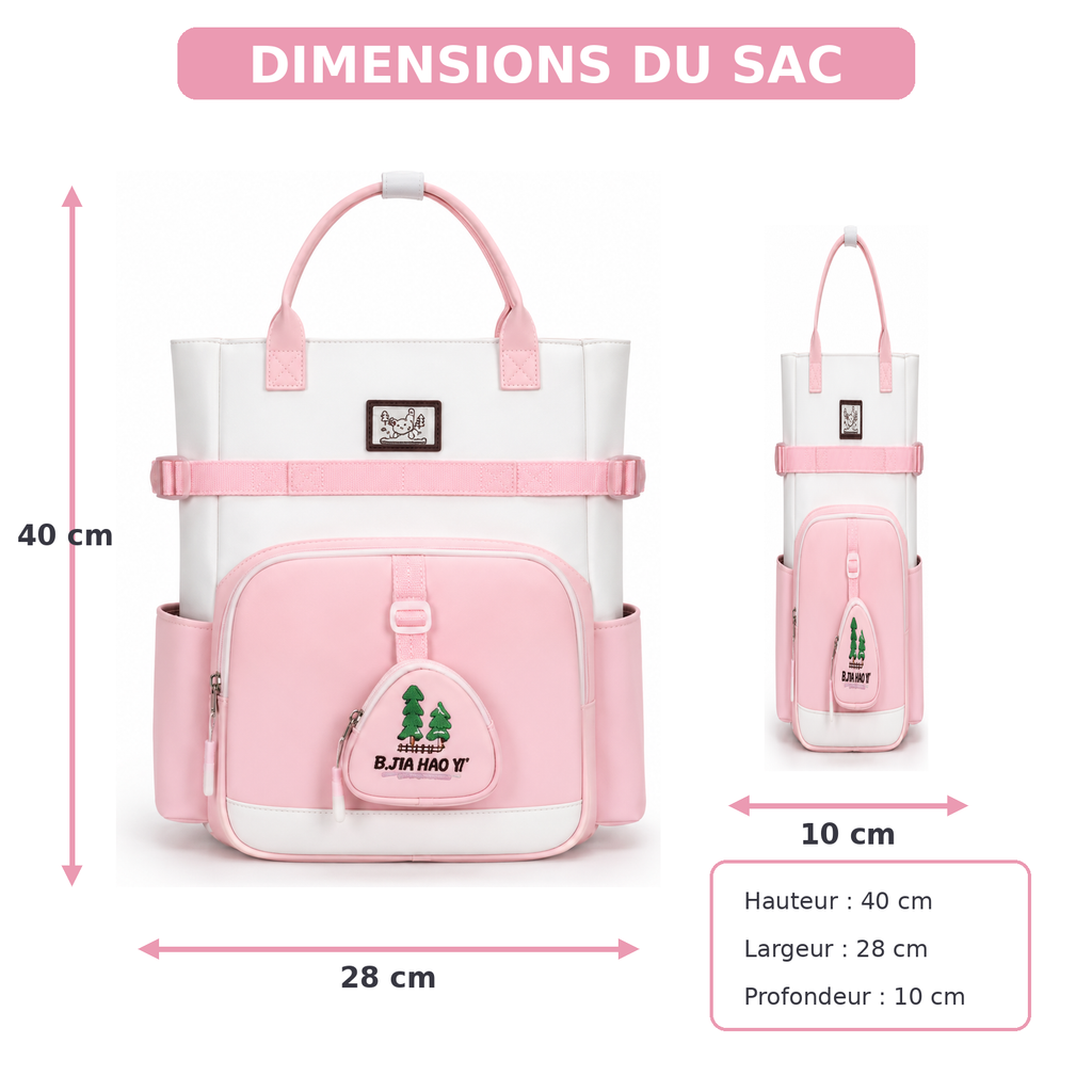 Sac à Dos Scolaire Fille Style Coréen en Toile - Rose et Blanc- Collège & Lycées
