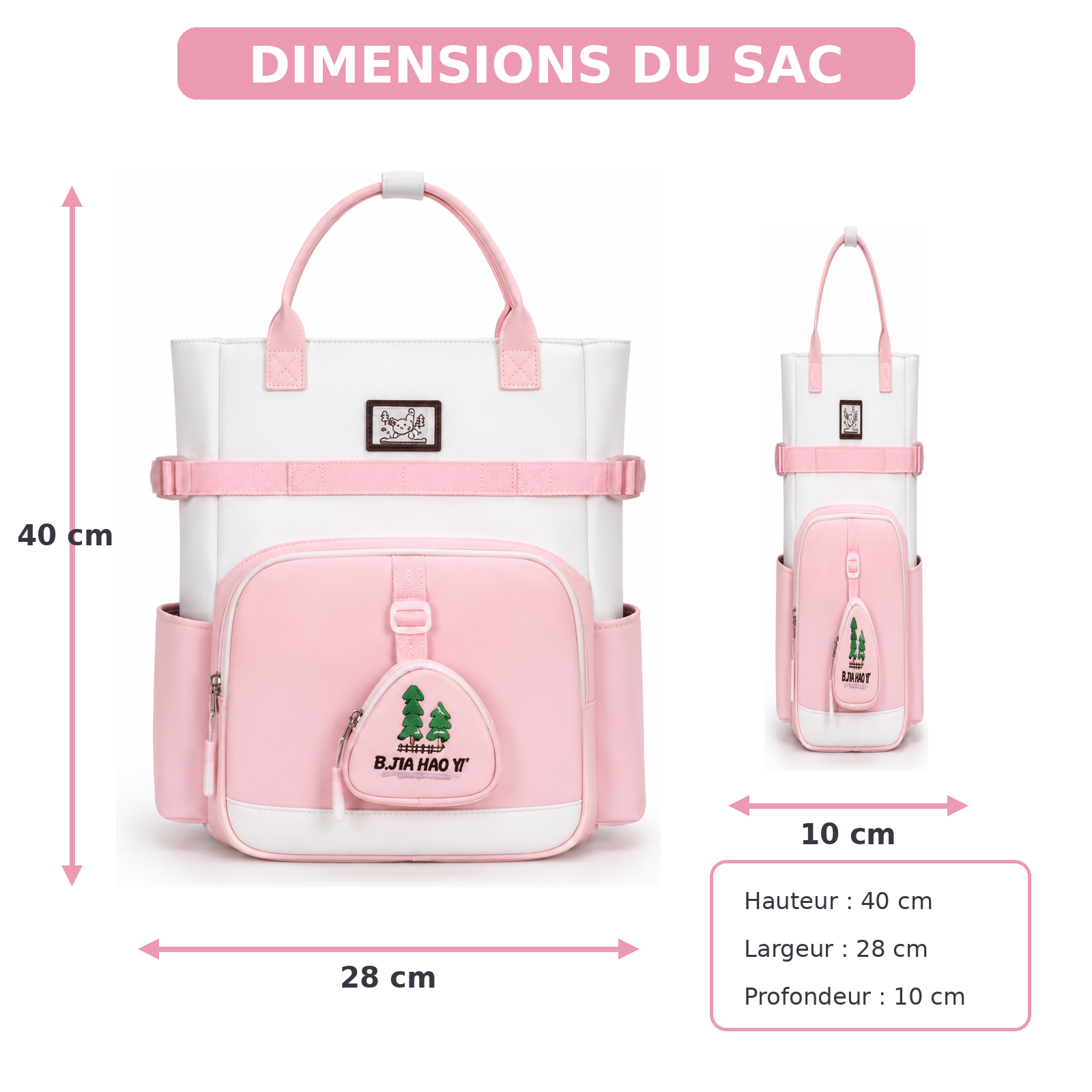 Sac à Dos Scolaire Fille Style Coréen en Toile - Rose et Blanc- Collège & Lycées