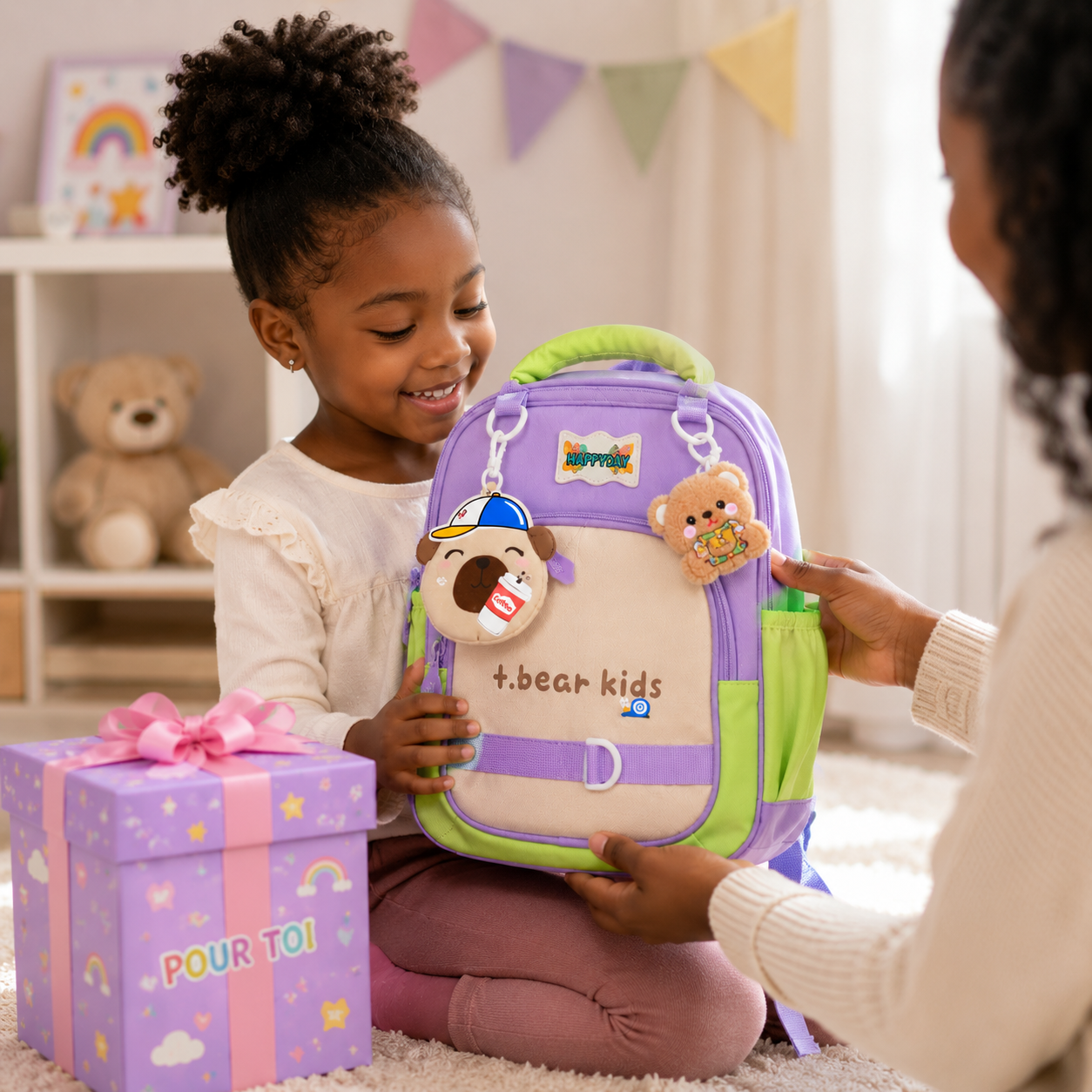 Sac à Dos Maternelle P.Bear Kids - Violet, Beige et Vert – 2 à 5 Ans