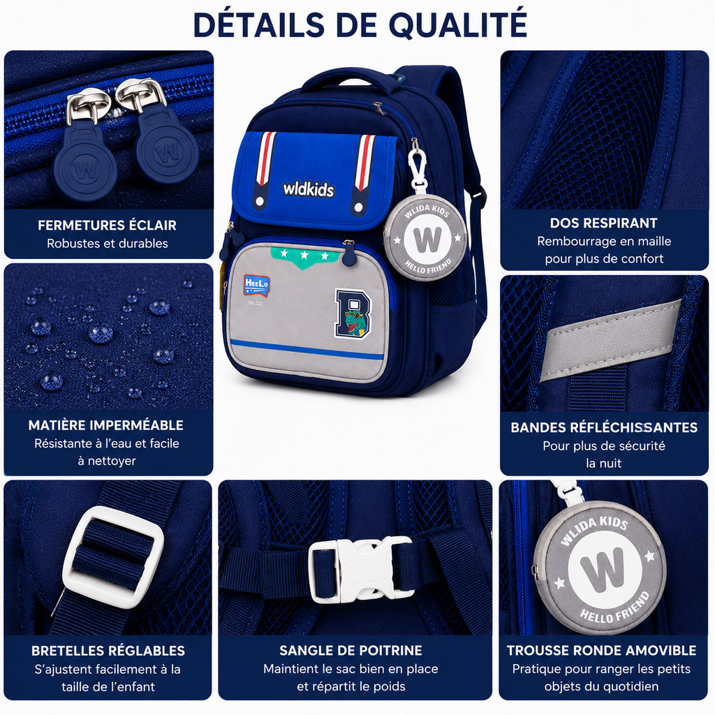 Sac à Dos Scolaire Enfant Wldkids Bleu - Classes de CE & CM – Grande Capacité avec Trousse Ronde Amovible