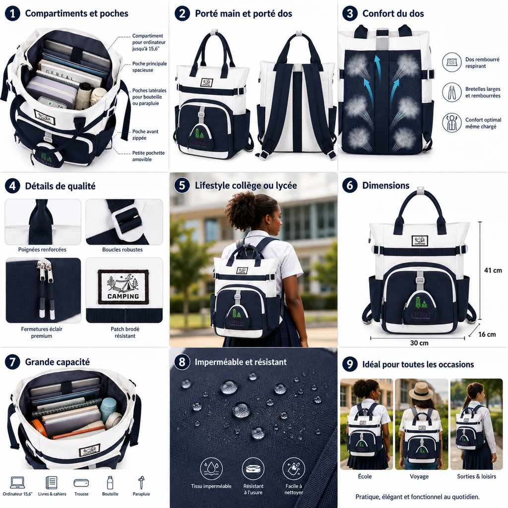 Sac à Dos Scolaire Fille Style Coréen - Bleu Blanc – Collège et Lycée