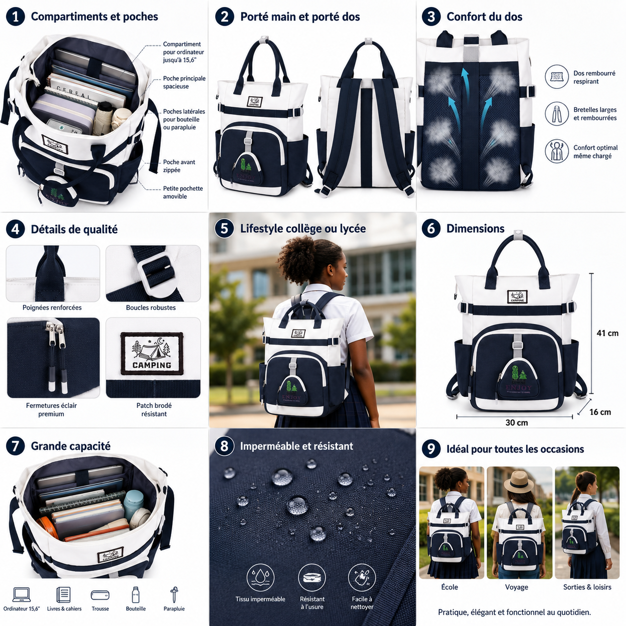 Sac à Dos Scolaire Fille Style Coréen - Bleu Blanc – Collège et Lycée