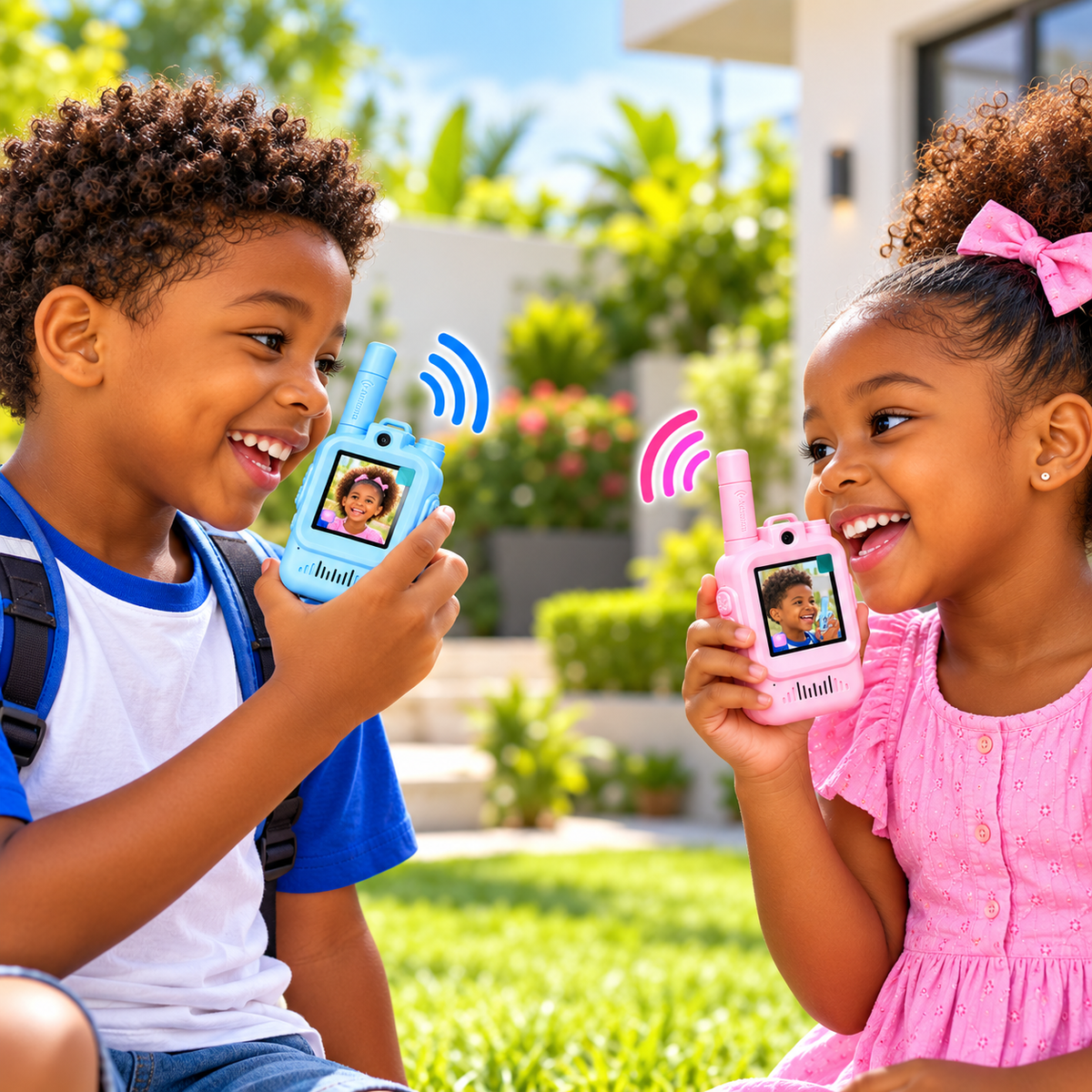 Talkie-Walkies Vidéo Enfant avec Écran 2", Caméra & Photos – Bleu + Rose – Lot de 2