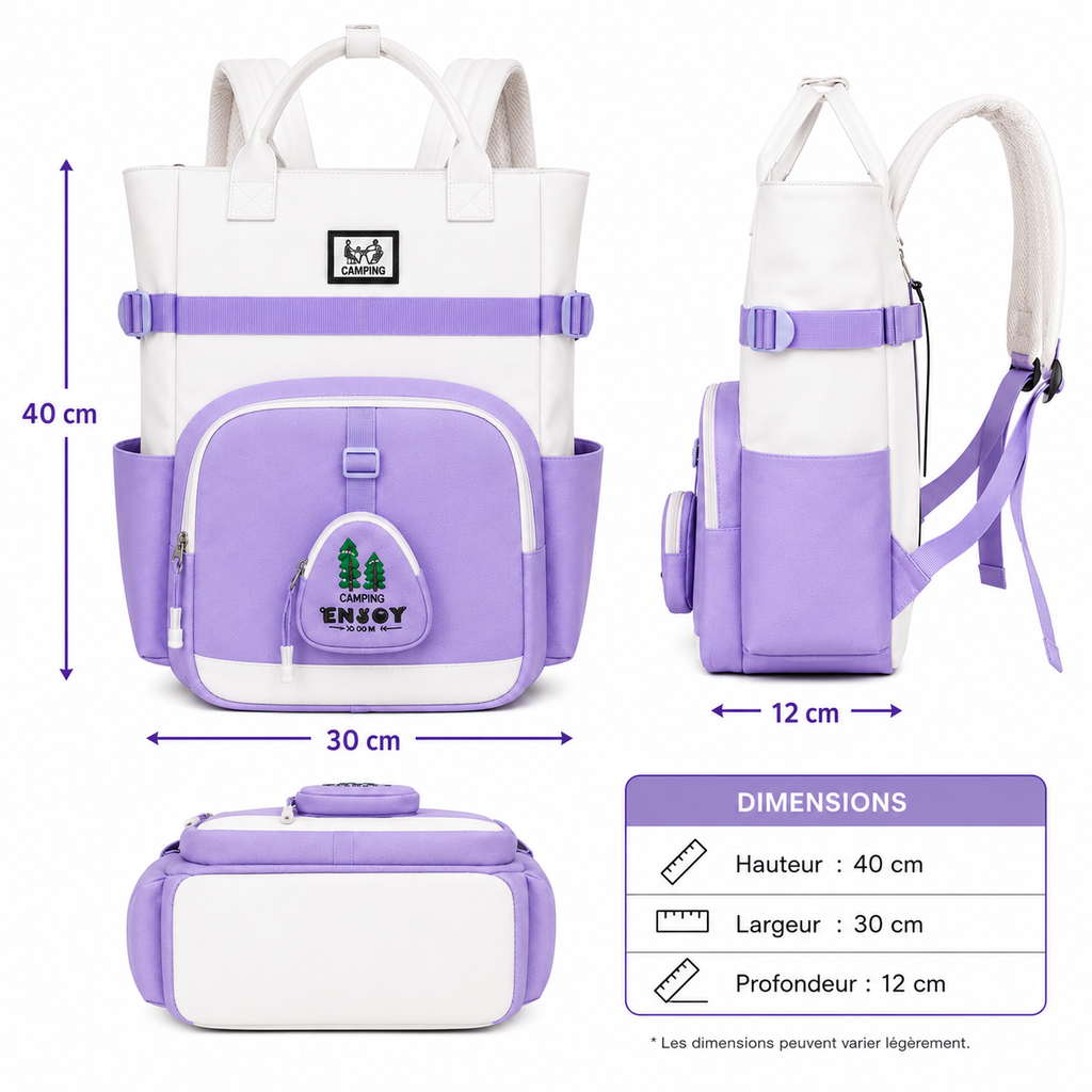 Sac à Dos Scolaire Fille Style Coréen en Toile - Mauve et Blanc – Collège et Lycée
