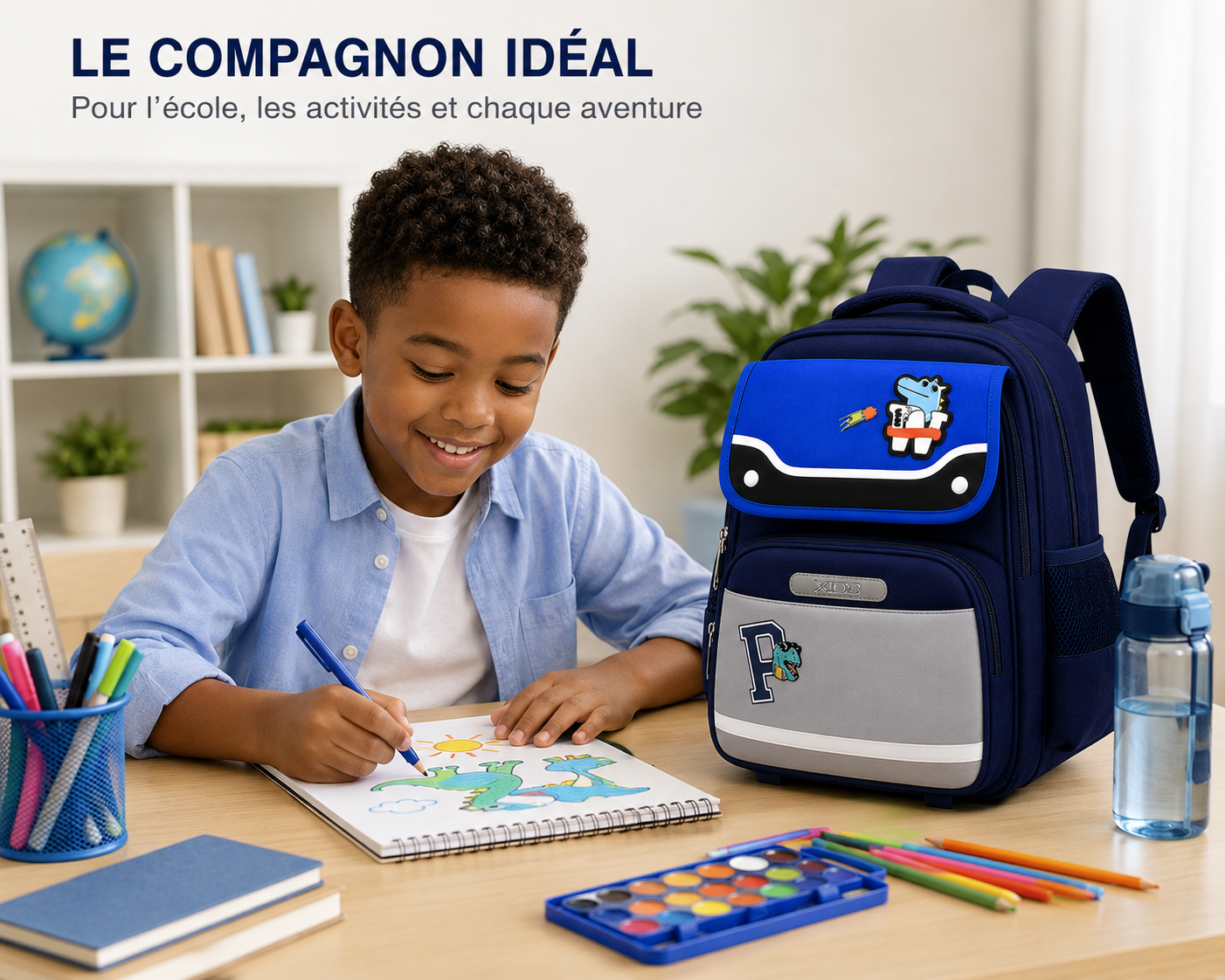 Sac à Dos Scolaire Enfant Dinosaure Bleu Marine & Bleu Royal - Classes de CM – Grande Capacité – Dos Respirant – Bretelles Rembourrées