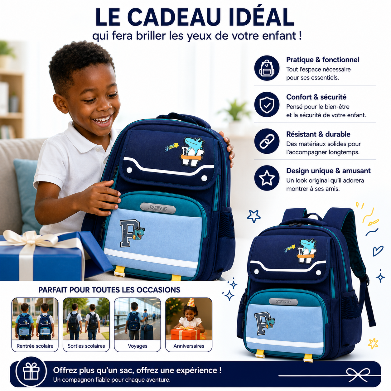 Sac à Dos Scolaire Enfant Dinosaure Bleu Classes de CM – Grande Capacité – Dos Respirant – Bretelles Rembourrées – Kidoo