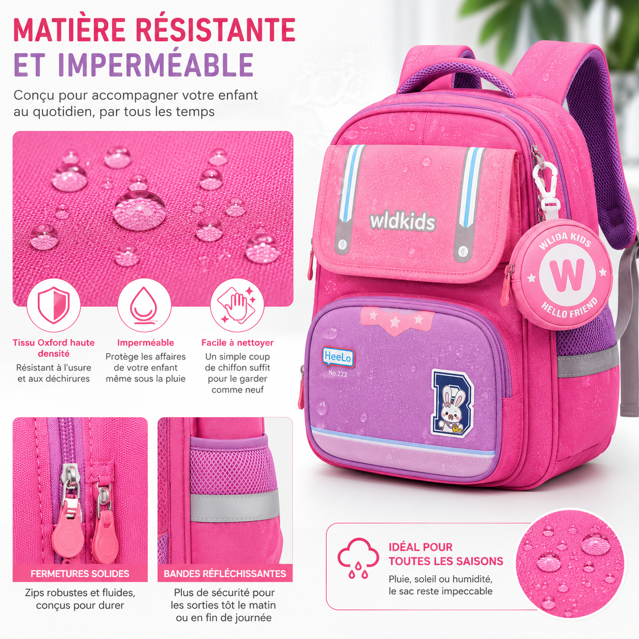 Sac à Dos Scolaire Enfant Wldkids Rose – Classes de CE & CM – Avec Trousse Ronde Amovible