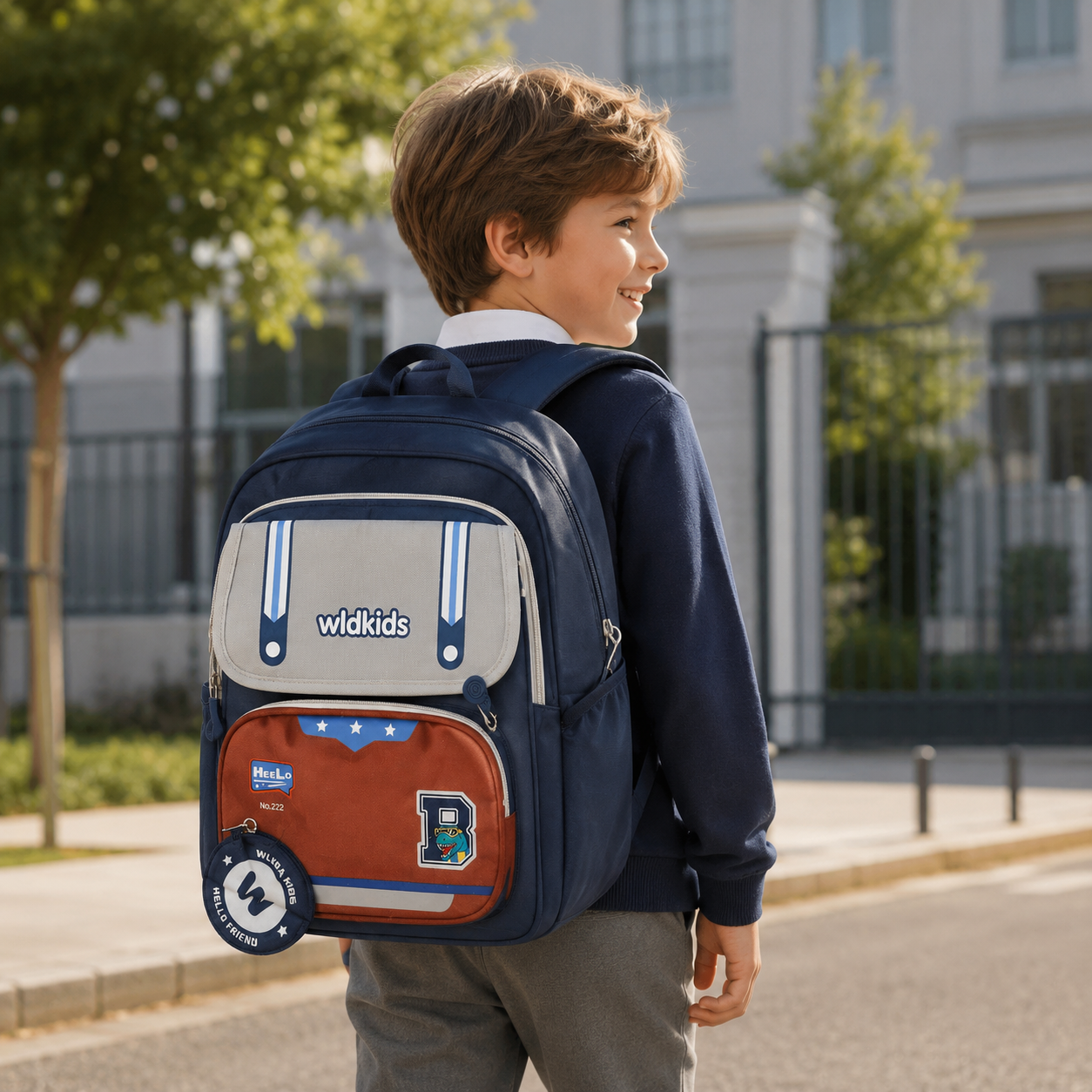 Sac à Dos Scolaire Wldkids - Classes de CE1 & CE2 – Bleu & Gris – Grande Capacité avec Trousse Ronde Amovible