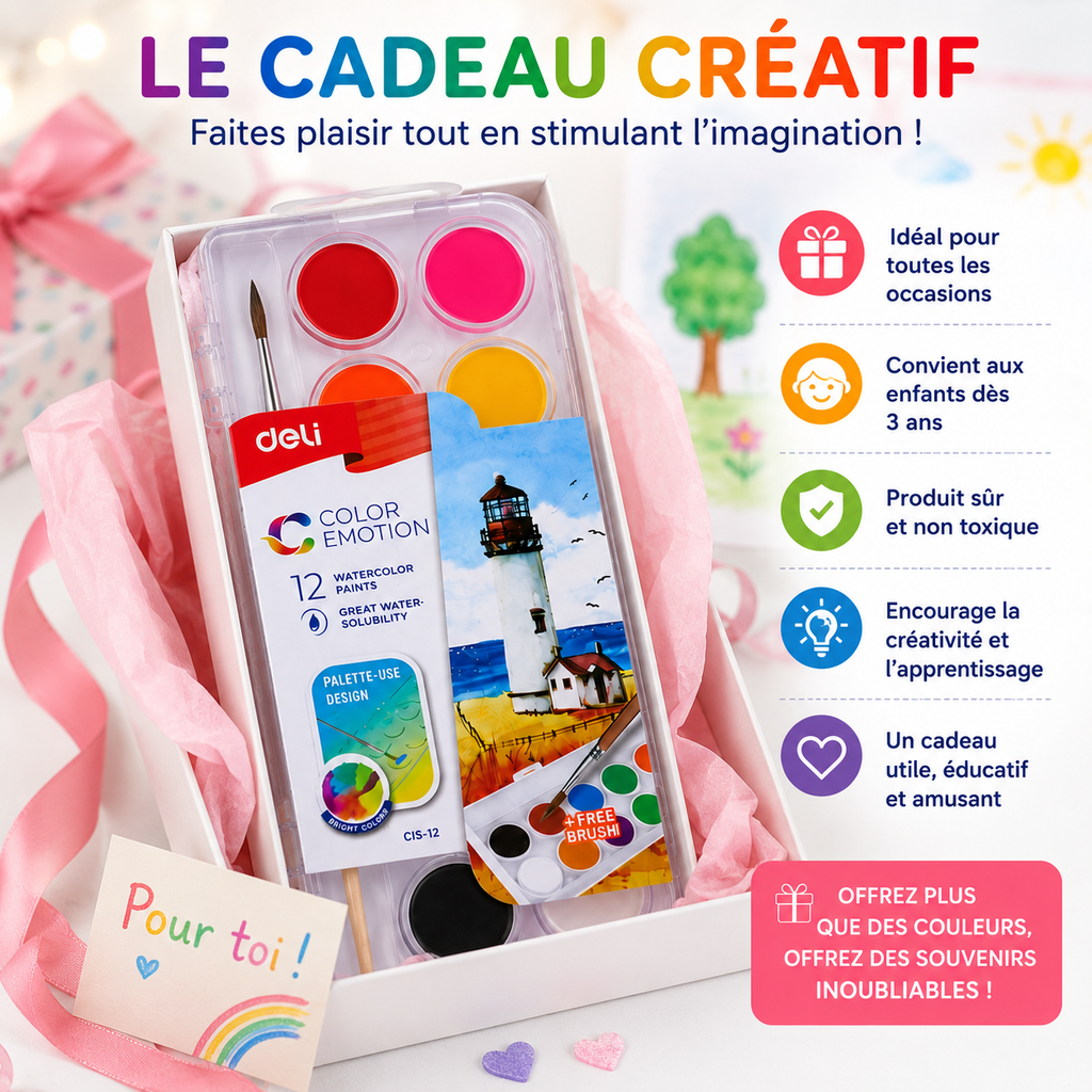 Deli Color Emotion Peinture Aquarelle  12 Couleurs avec Pinceau – Palette Créative Enfant