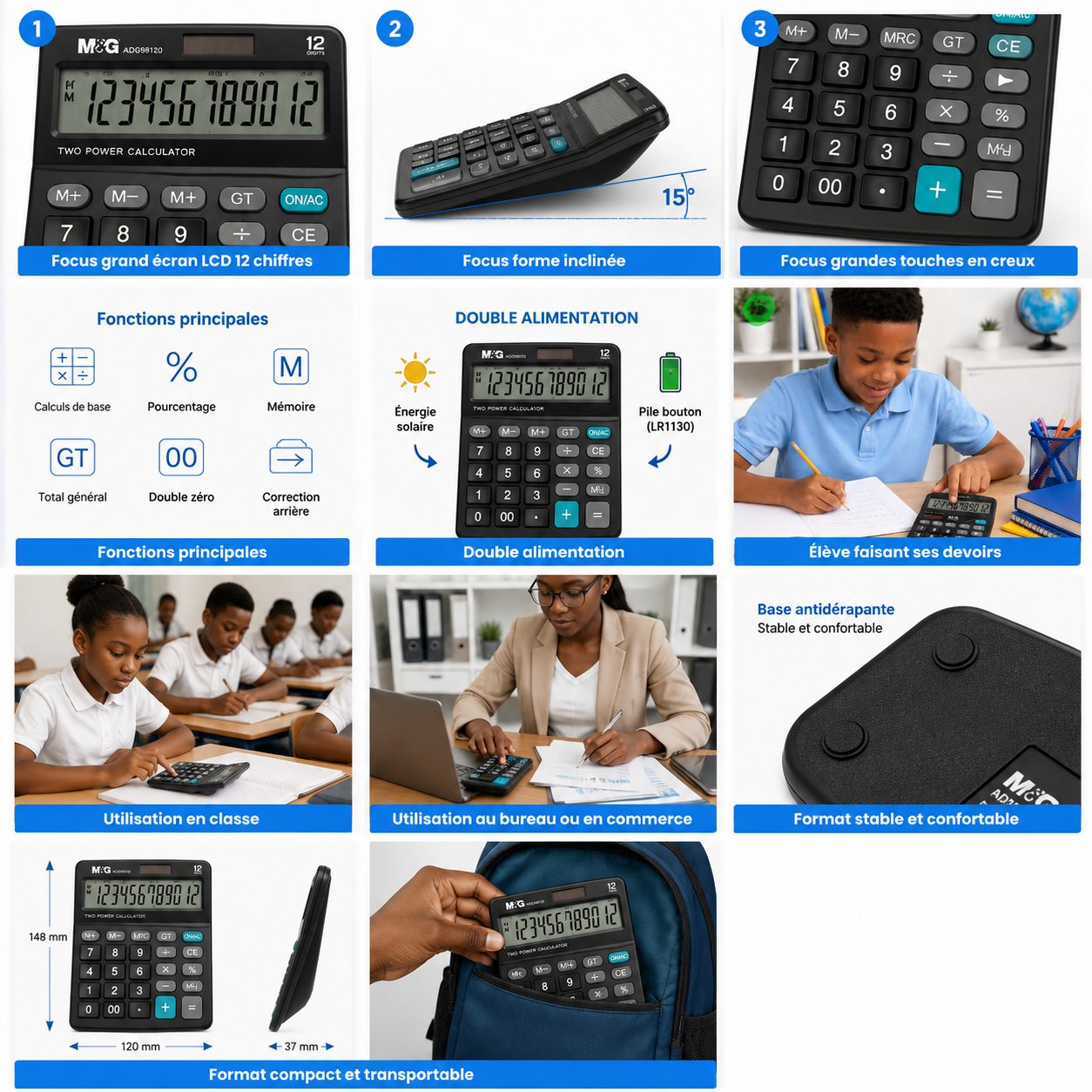 Calculatrice de bureau M&G MGC-614 – Grand écran 12 chiffres et double alimentation