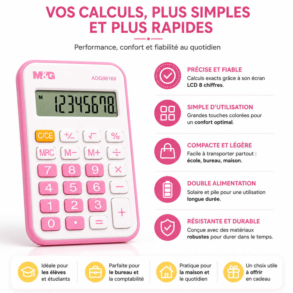 M&G Mini Calculatrice de Poche8 Chiffres – Rose & Blanche