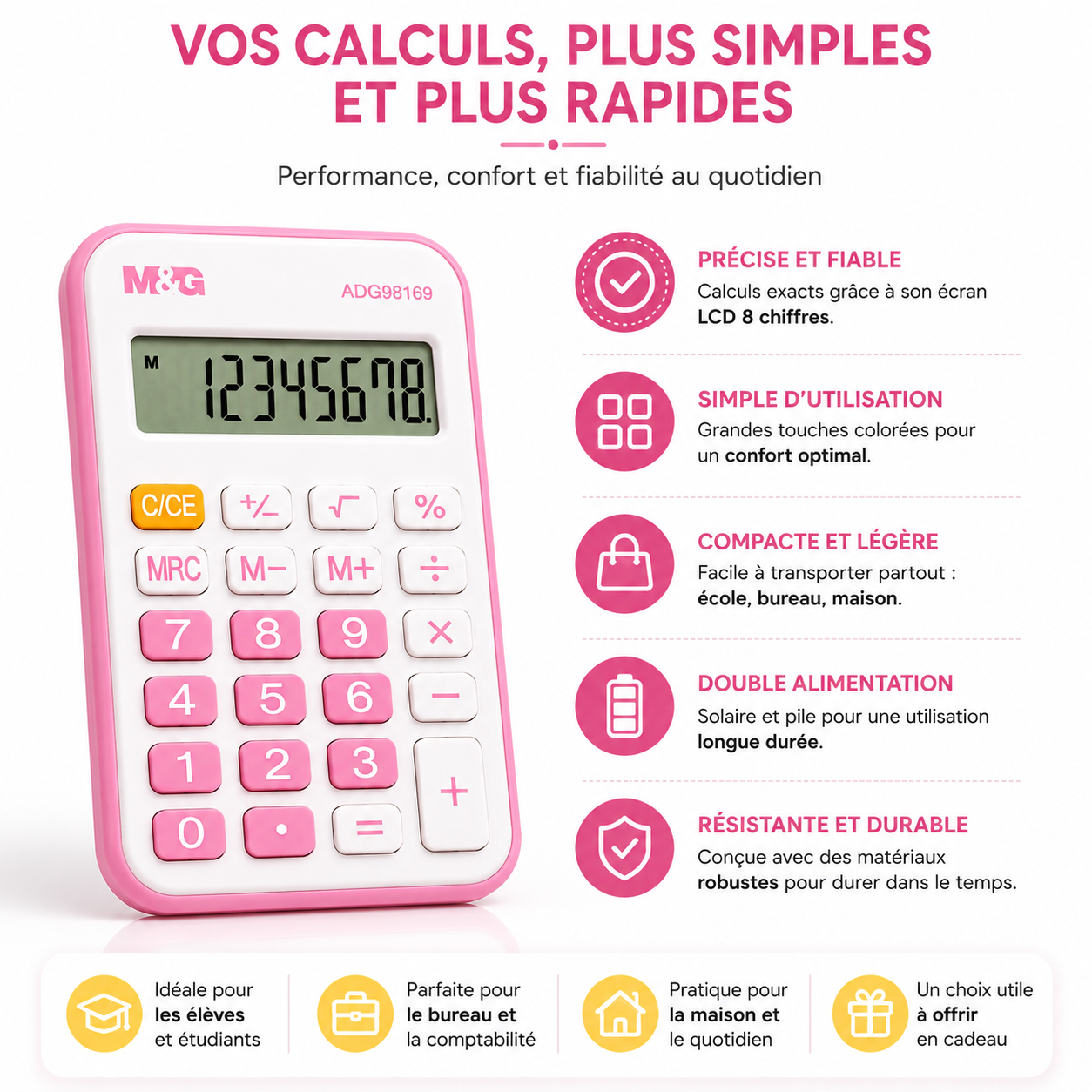 M&G Mini Calculatrice de Poche8 Chiffres – Rose & Blanche