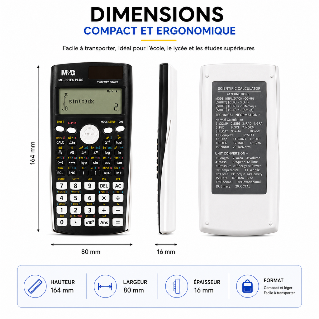Calculatrice Scientifique M&G MG-991ES Plus – 417 Fonctions et Double Alimentation