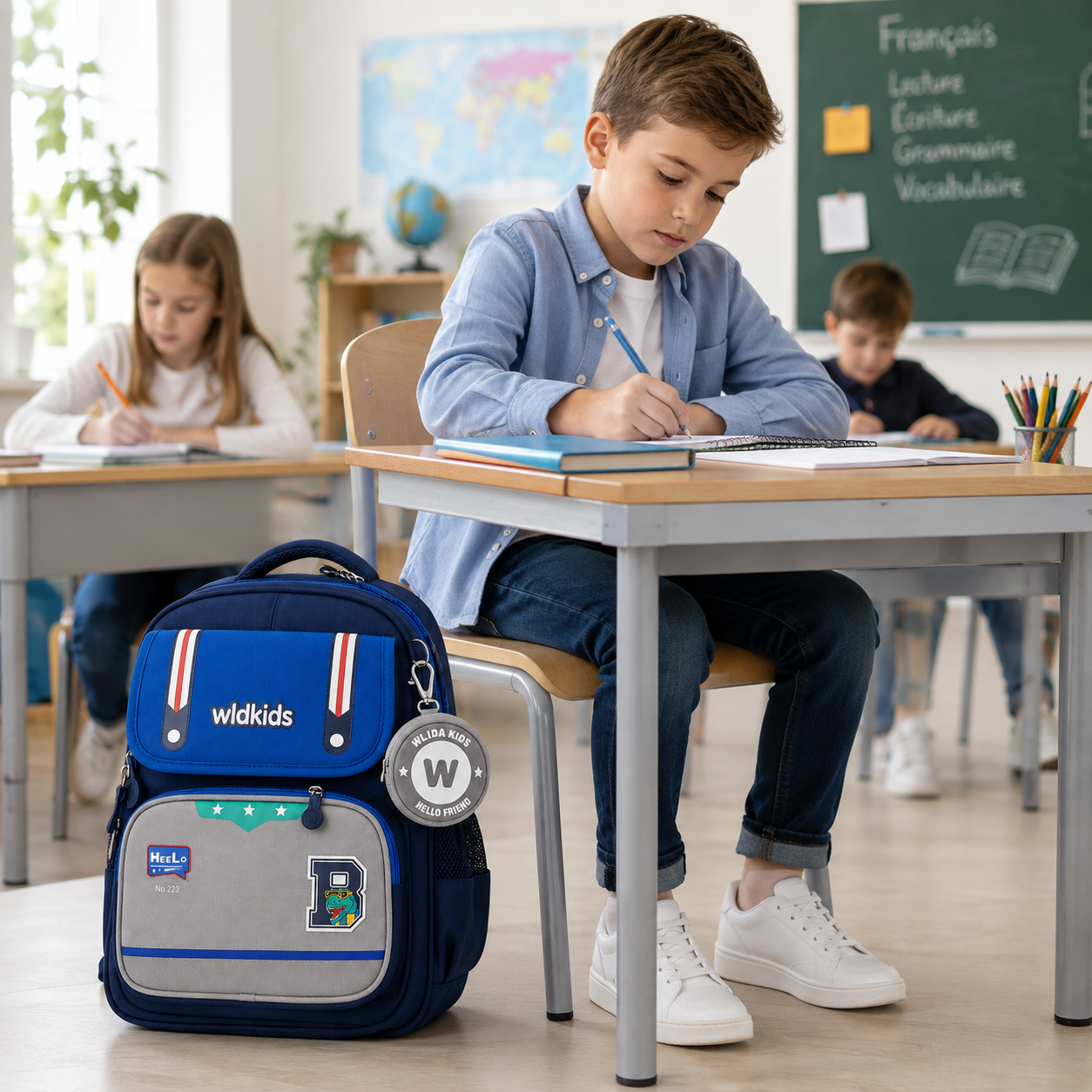 Sac à Dos Scolaire Wldkids - Classes de CE1 & CE2 – Bleu & Gris – Grande Capacité avec Trousse Ronde Amovible