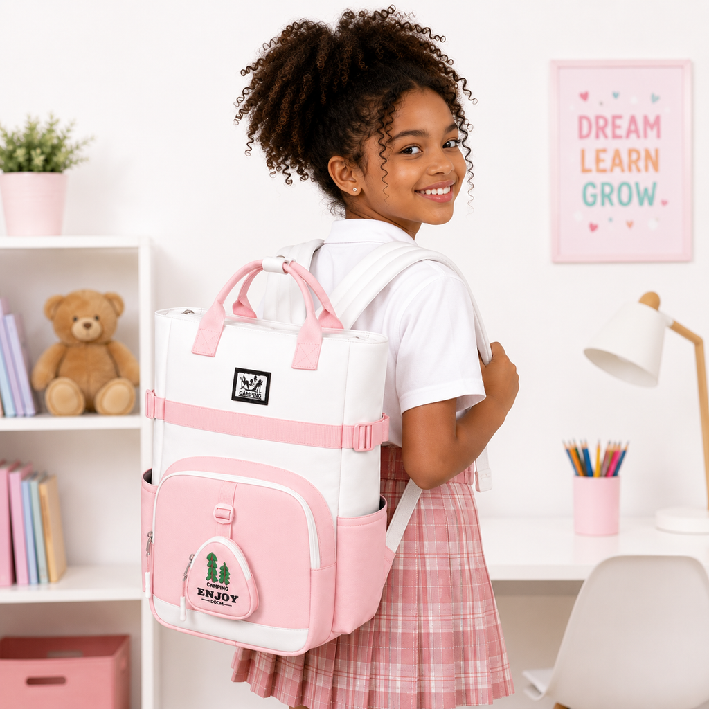 Sac à Dos Scolaire Fille Style Coréen en Toile - Rose et Blanc- Collège & Lycées