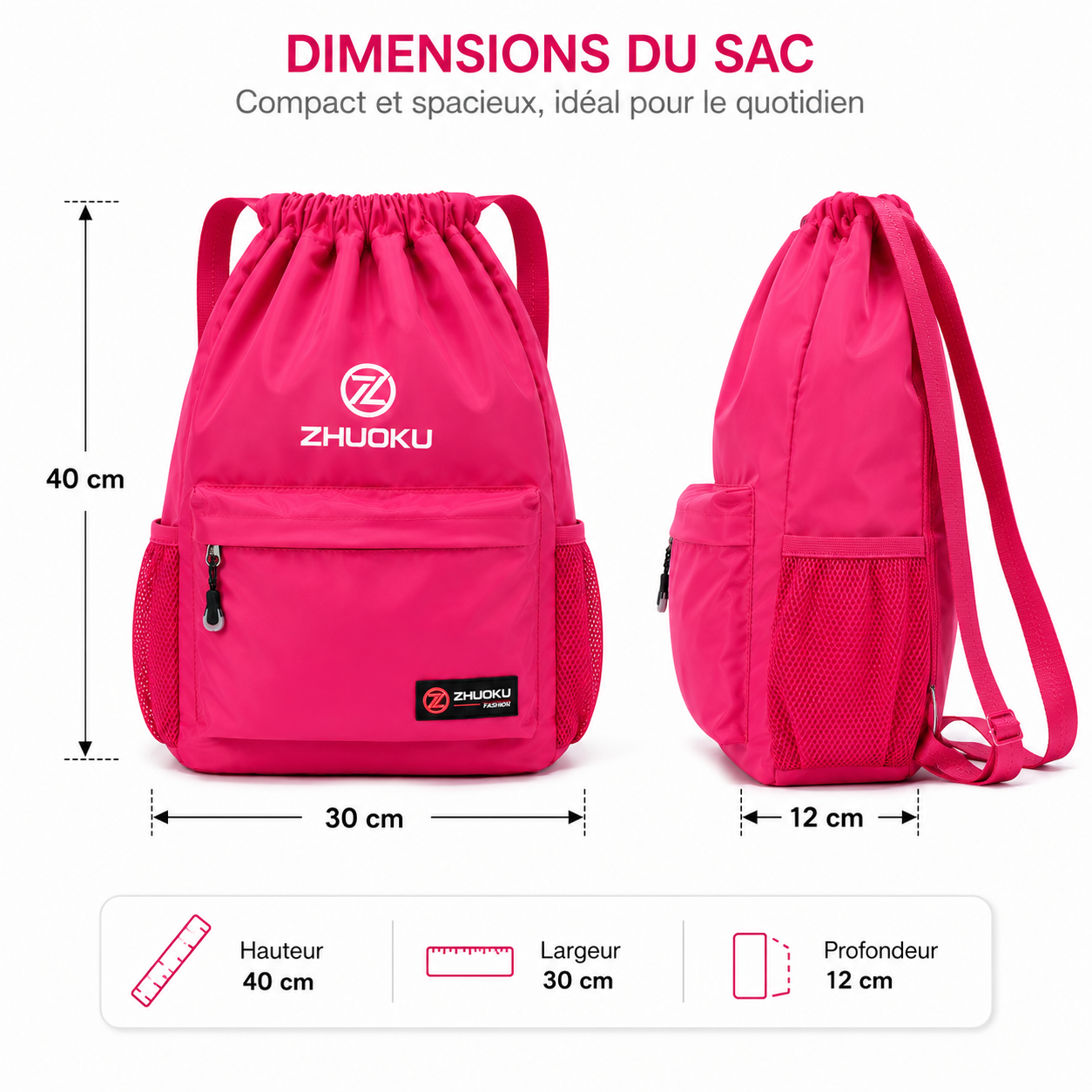 Sac à Dos à Cordon Rose Fuchsia 40 cm – Léger, Spacieux et Polyvalent