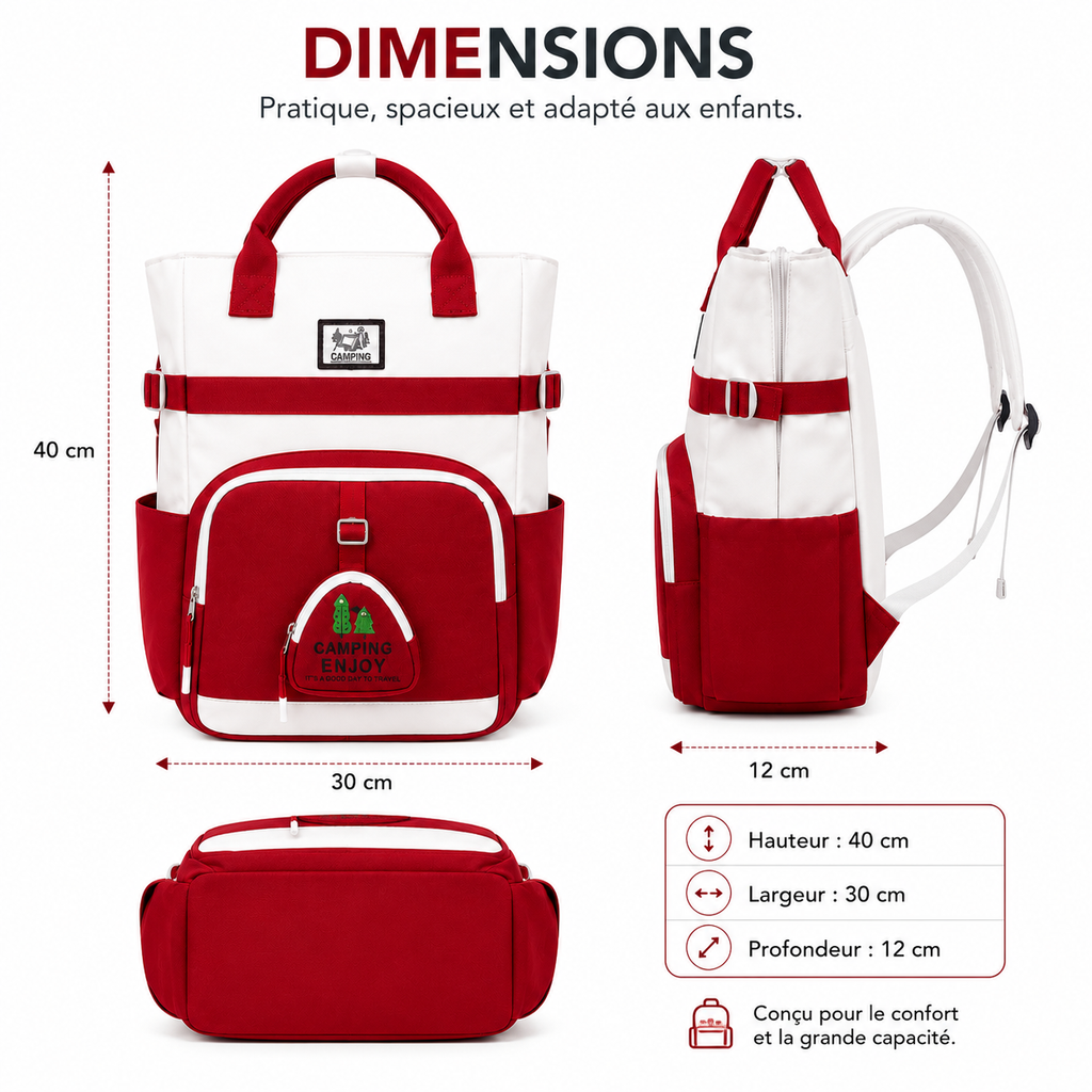Sac à Dos Scolaire Fille Style Coréen en Toile - Rouge et Blanc – Collège & Lycée