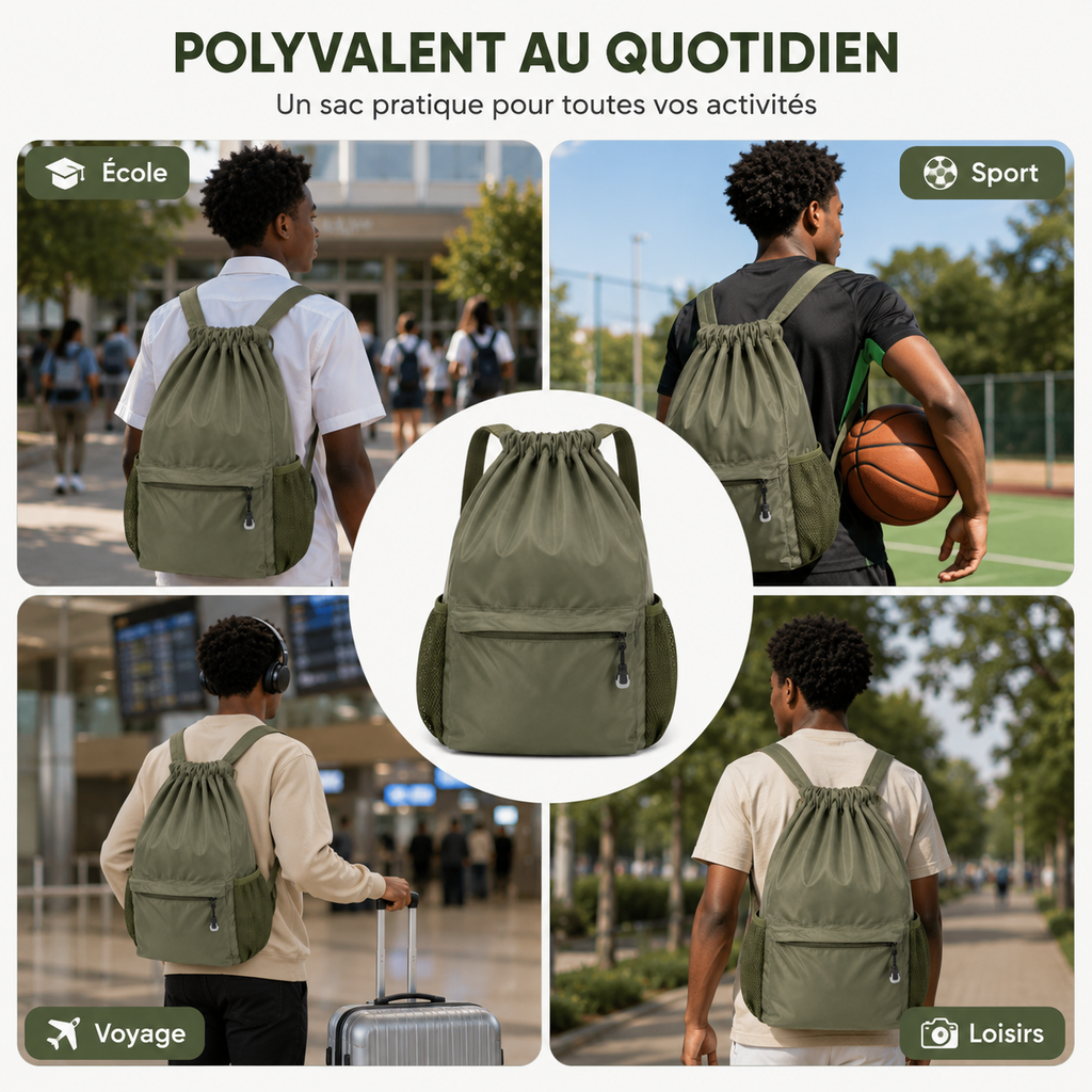 Sac à Dos à Cordon Vert Kaki - 40 cm – Léger, Spacieux et Polyvalent