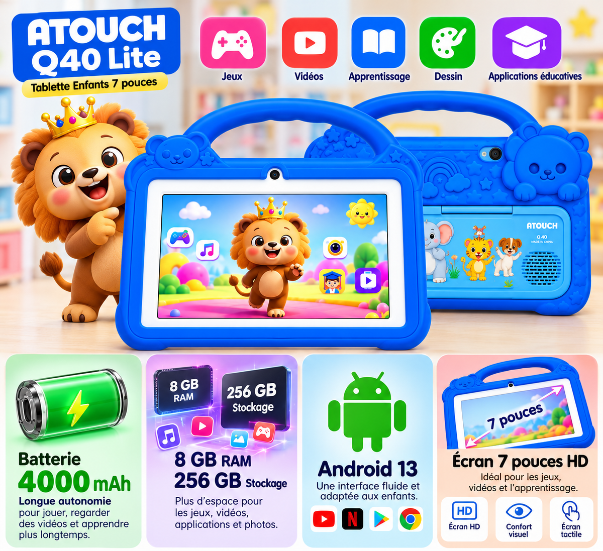 Tablette Enfant Q40 Lite 7 Pouces – 8 Go + 256 Go – Android