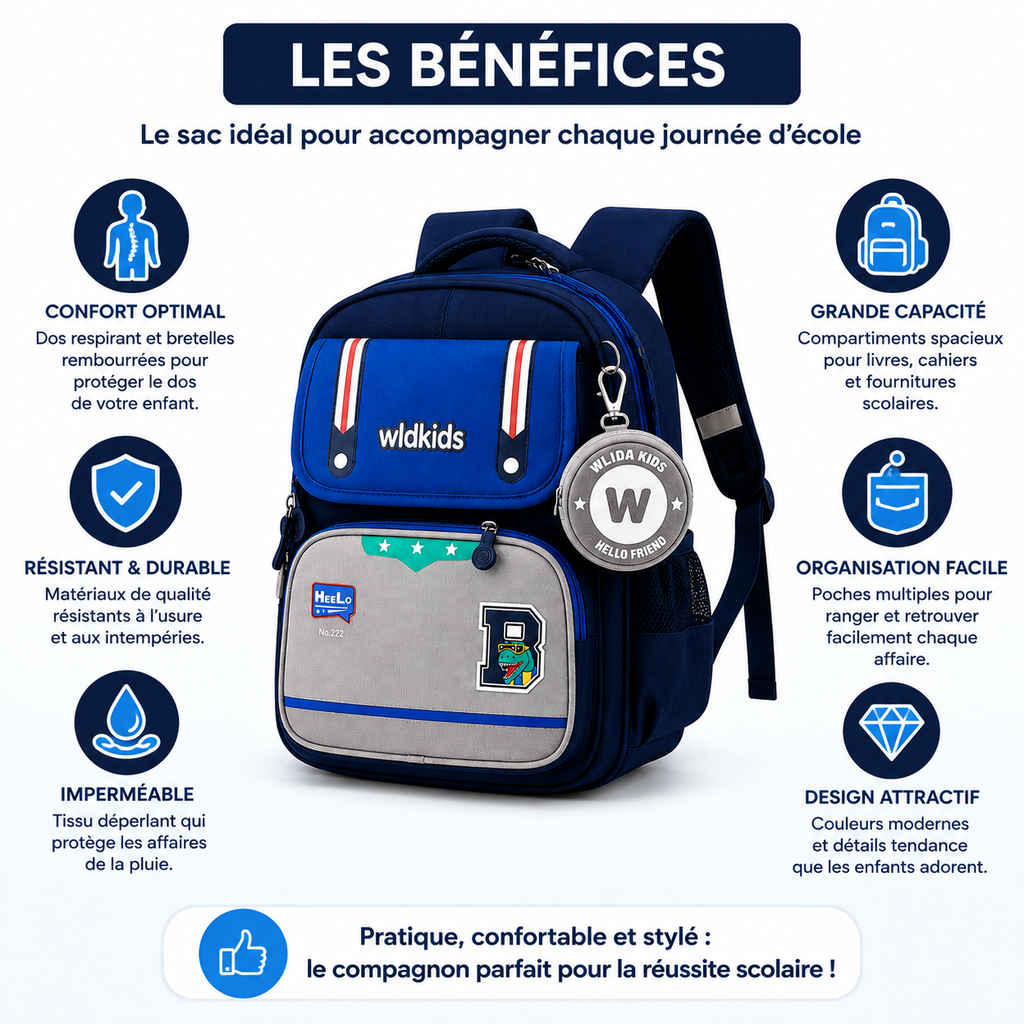 Sac à Dos Scolaire Wldkids - Classes de CE1 & CE2 – Bleu & Gris – Grande Capacité avec Trousse Ronde Amovible