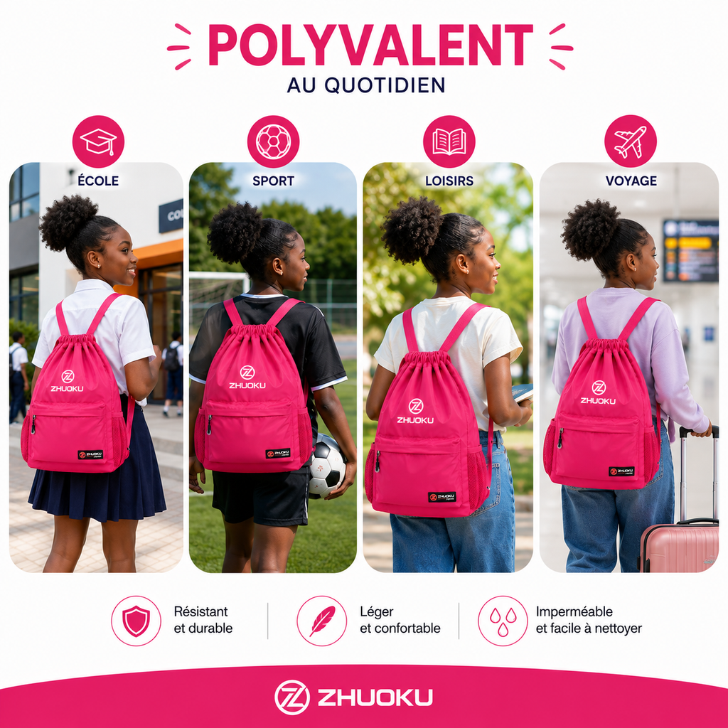Sac à Dos à Cordon Rose Fuchsia 40 cm – Léger, Spacieux et Polyvalent