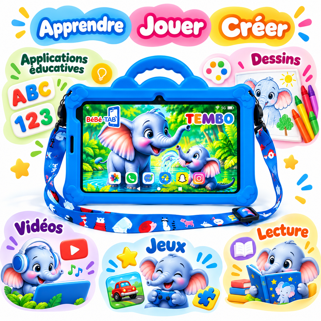 Tablette Enfant BéBé-TAB TEMBO 7" – Android – 8 Go + 512 Go – 5G Dual SIM
