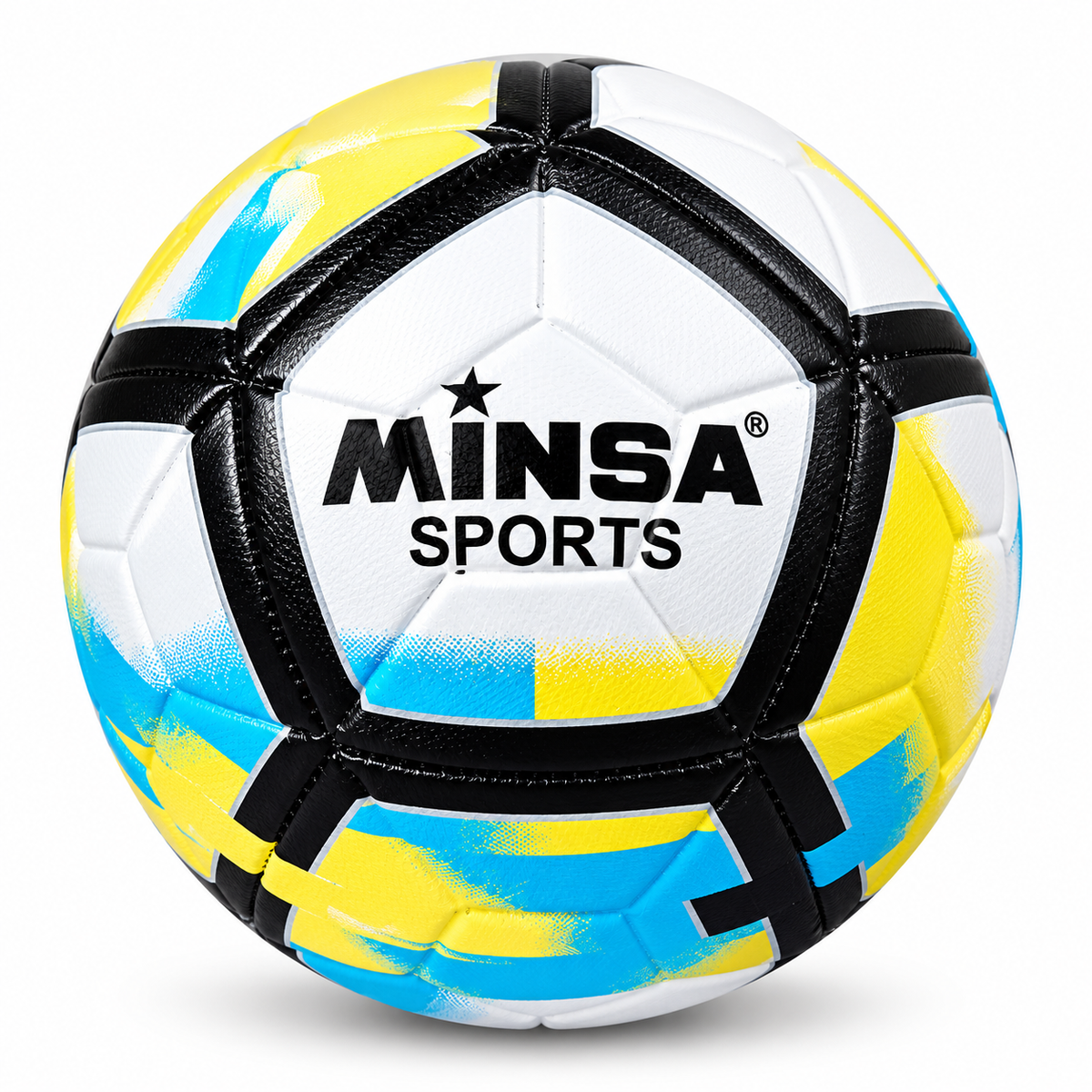 Ballon de Football Junior 6-9 ans MINSA SPORTS – 18 cm – Blanc, Noir, Jaune & Bleu