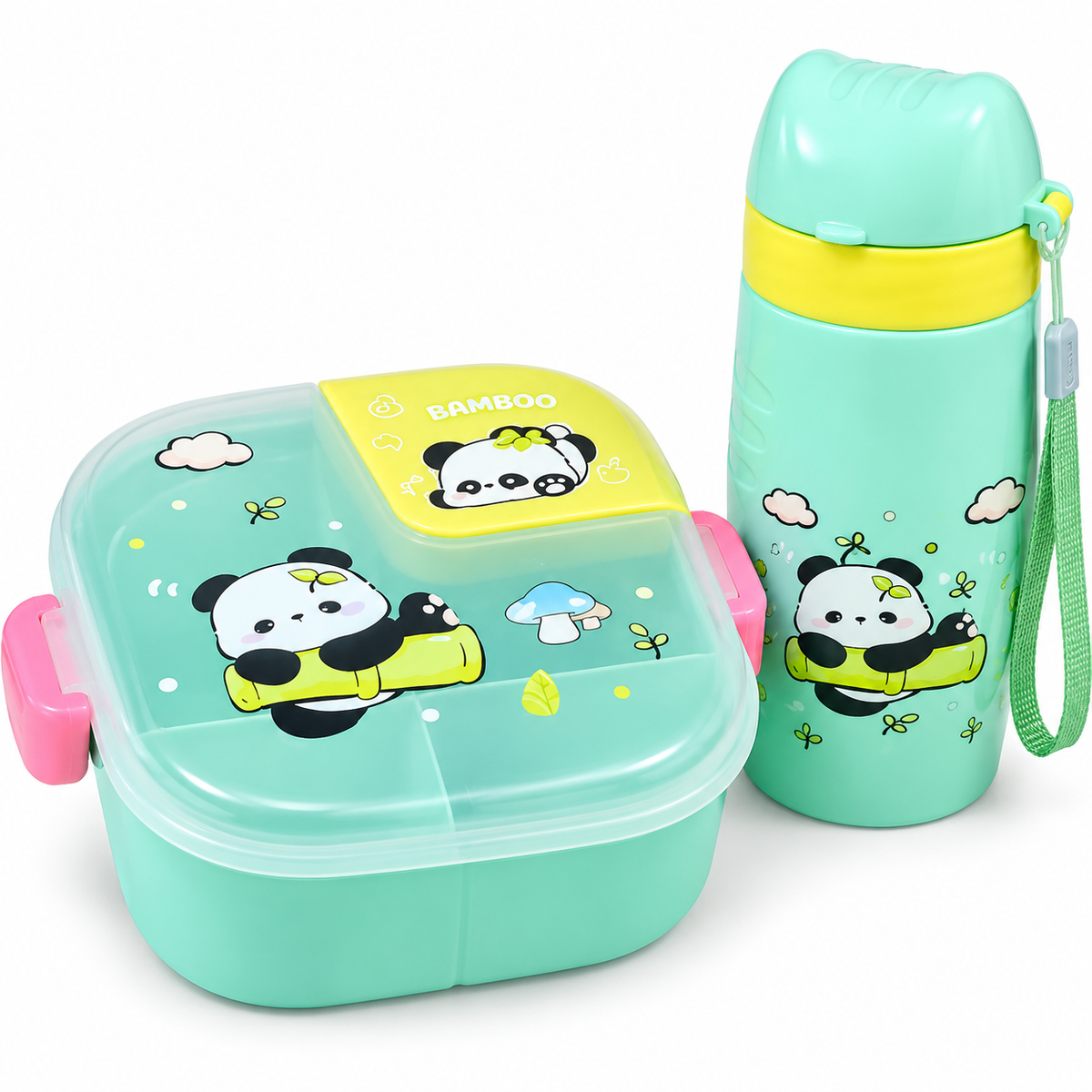 Set Lunch Box Compartimentée Panda Vert Menthe + Gourde 500 ml