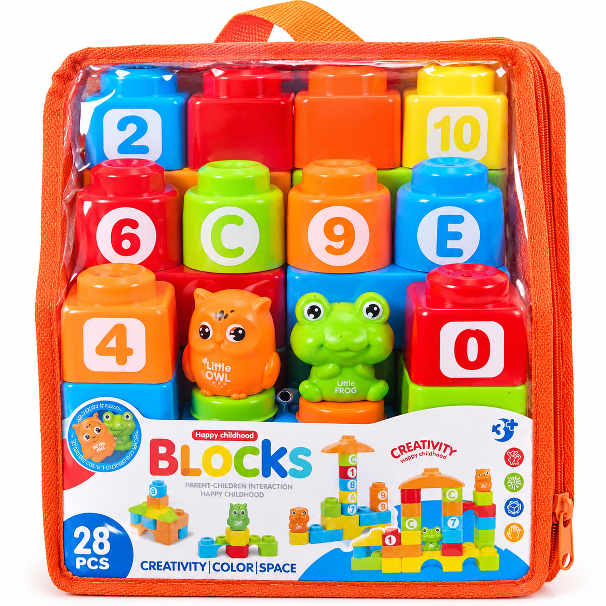 Sac de Blocs de Construction Enfant – 28 Pièces – Chiffres, Lettres & Figurines – 3 Ans+