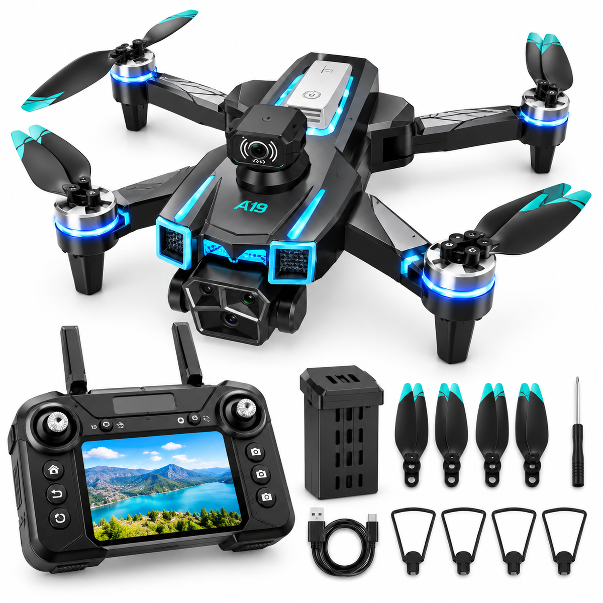 Drone A19 Pro Pliable – Caméra HD – Évitement d’Obstacles – Télécommande avec Écran