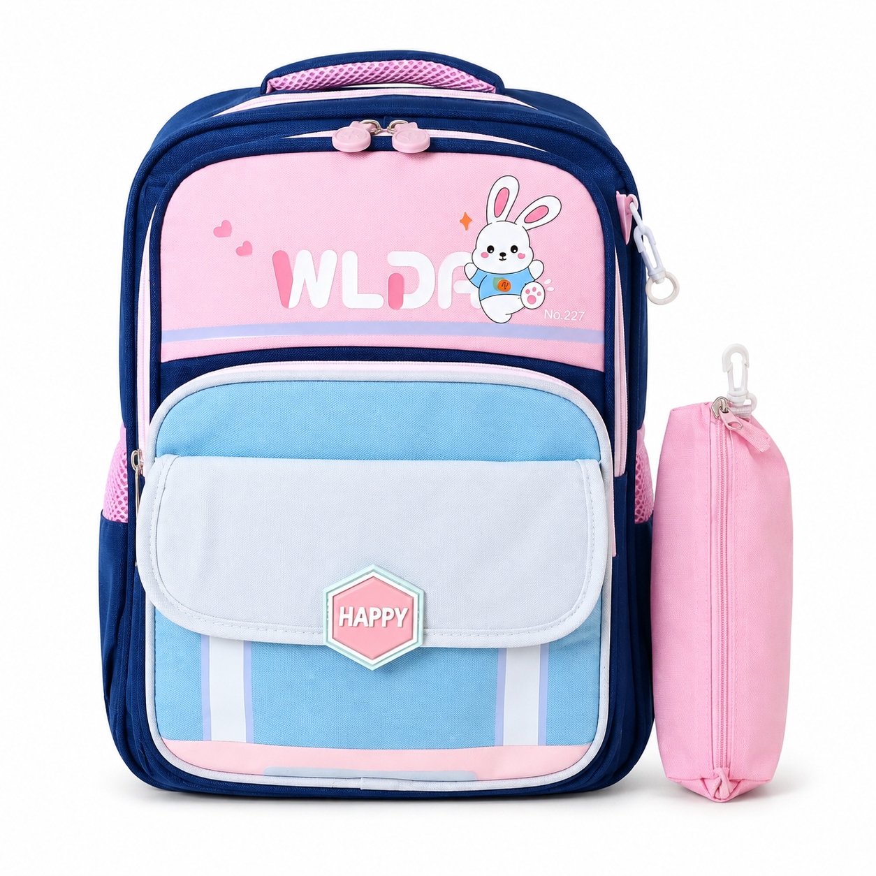 Sac à Dos Scolaire Enfant Lapin WLDA – Classes de CE & CM - Grande Capacité 41 × 30 × 16 cm – Bleu, Rose & Gris