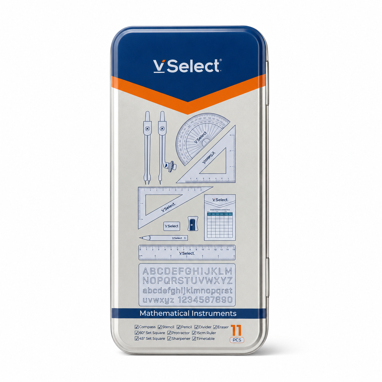 Coffret de géométrie VSelect 11 pièces – Boîte métallique complète