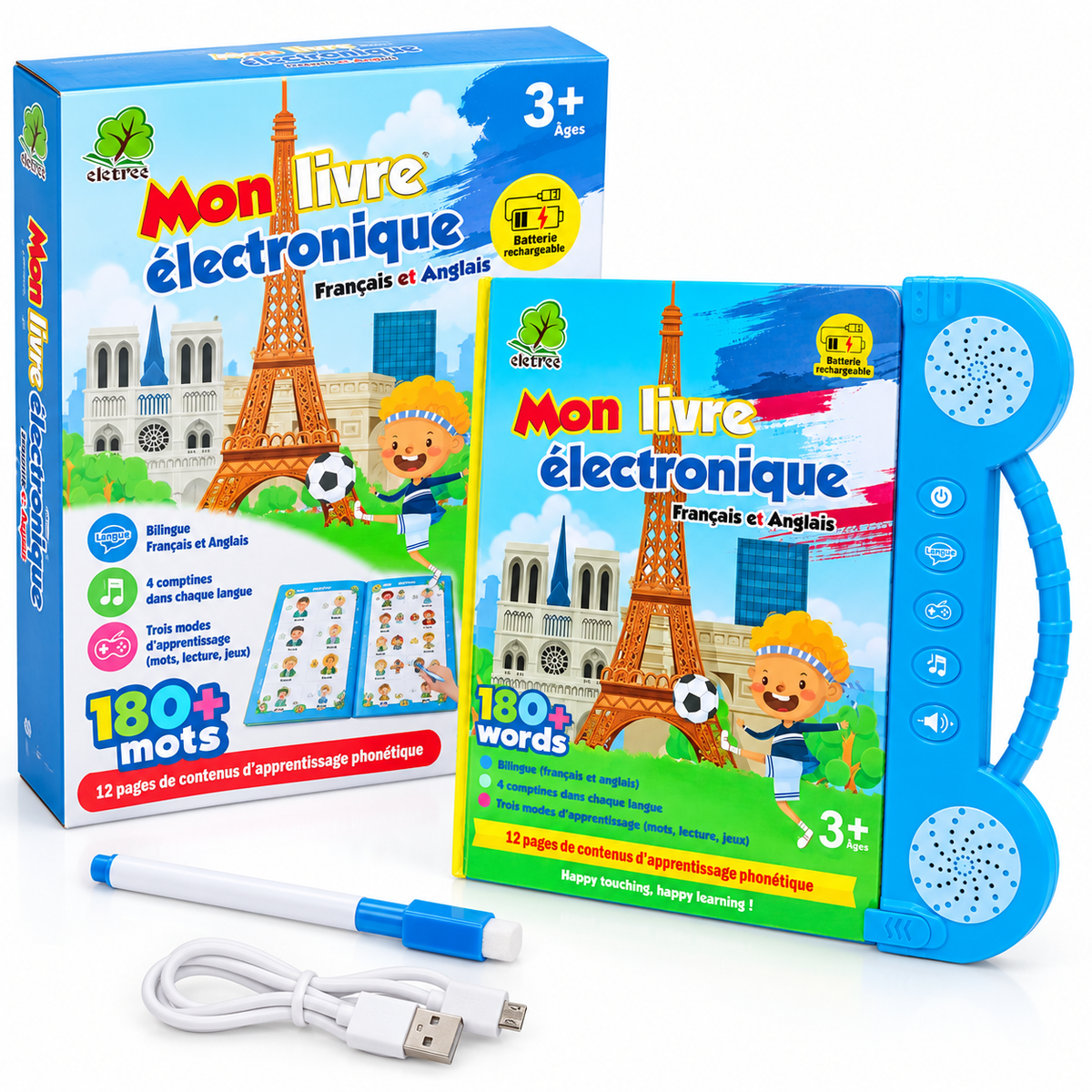 Livre Éducatif Électronique Bilingue Français–Anglais – 180+ Mots – Dès 3 Ans - Rechargeable