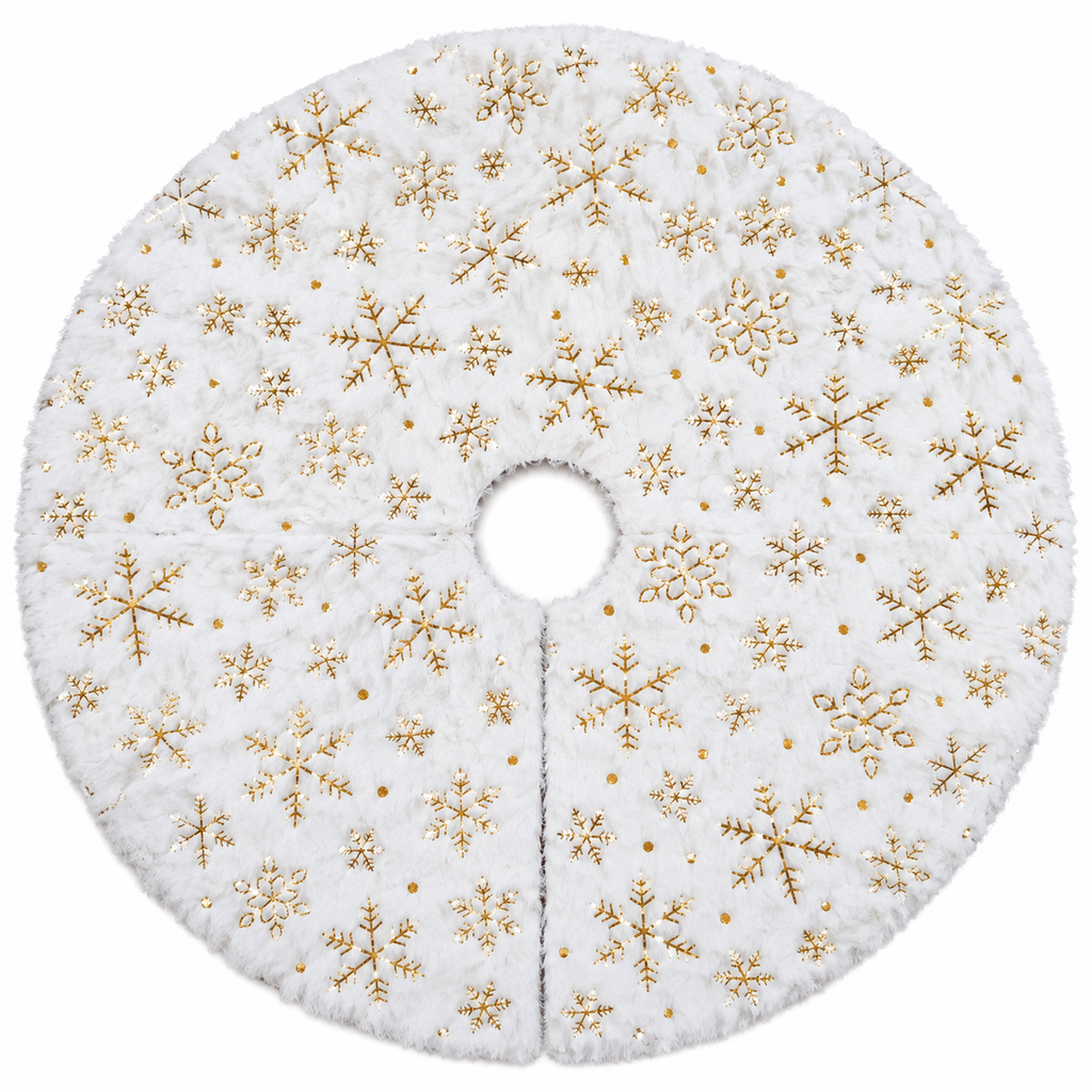 Jupe de Sapin de Noël Blanche 60 cm – Effet Fourrure & Flocons Dorés