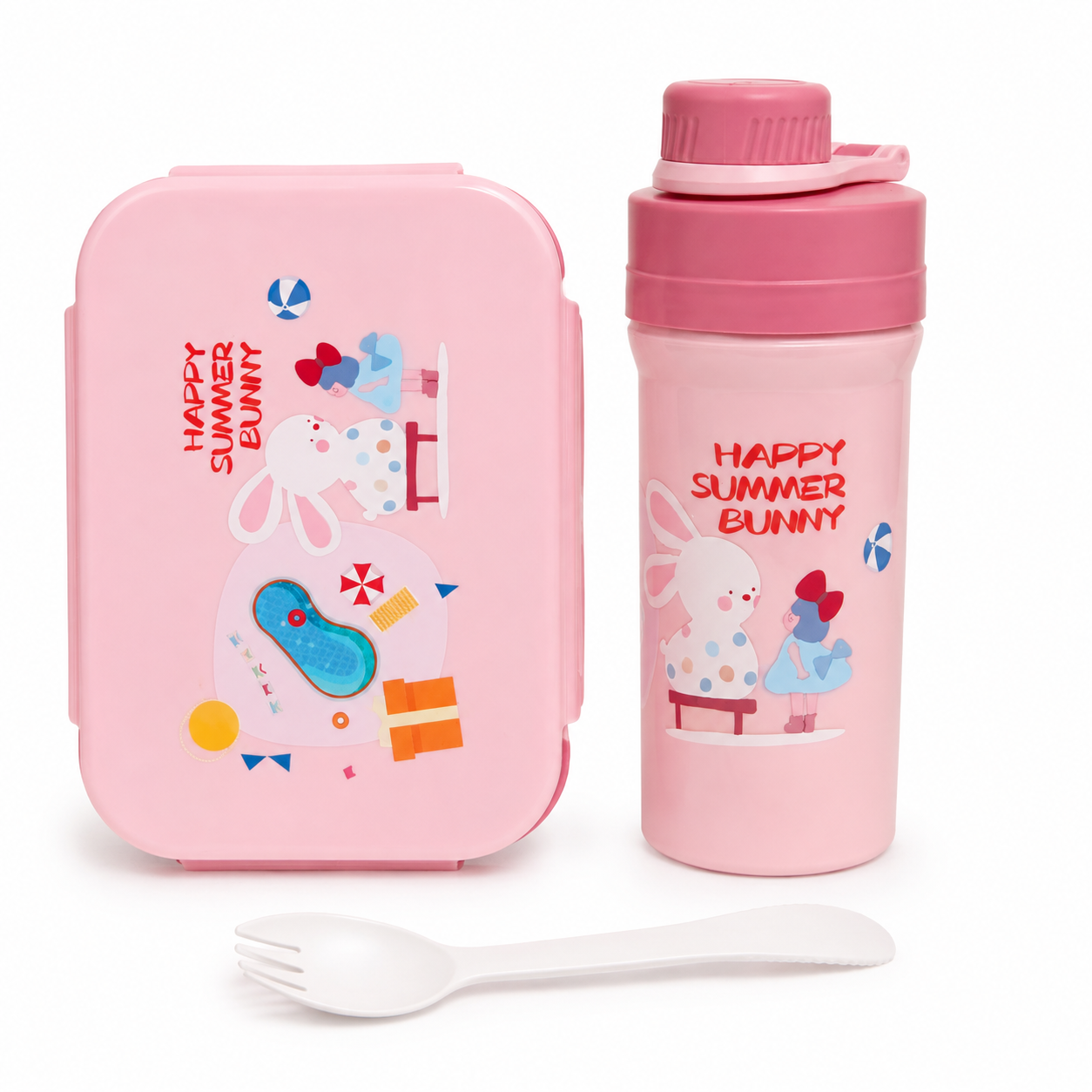 Set Repas Enfant Happy Summer Bunny – Lunch Box Compartimentée + Gourde Rose
